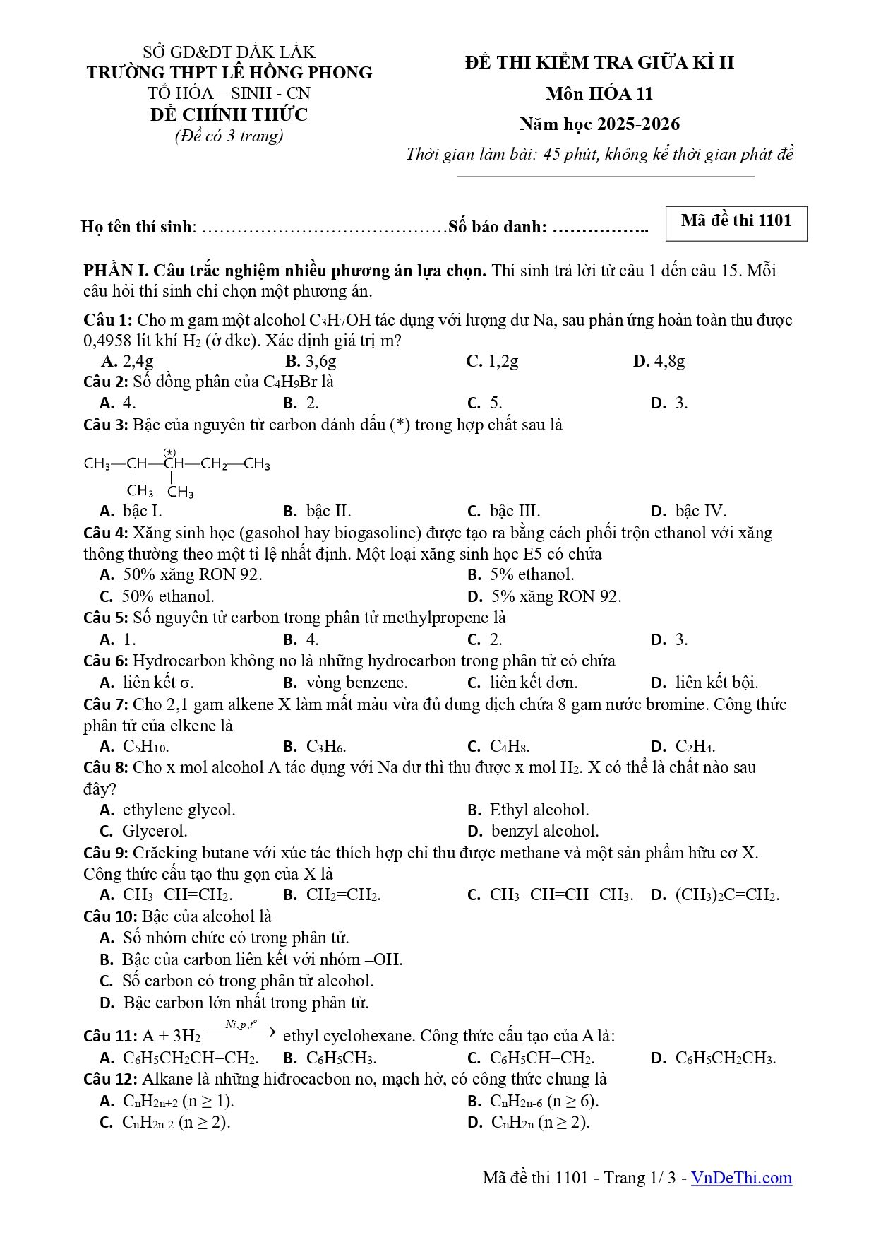 Đề thi Giữa kì 2 Hóa học 11 năm 2025-2026 trường THPT Lê Hồng Phong (Đắk Lắk)