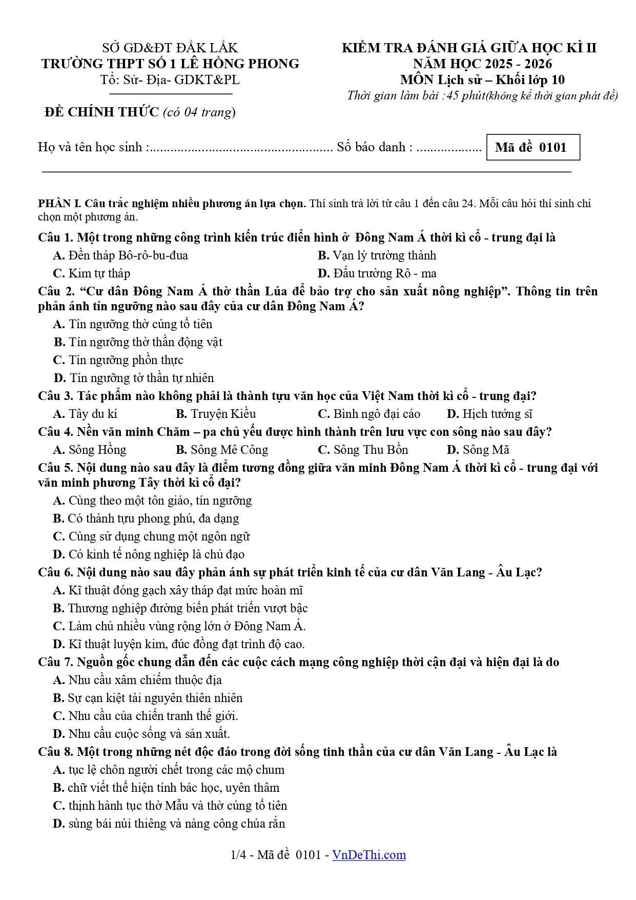 Đề thi Giữa kì 2 Lịch sử 10 năm 2025 - 2026 trường THPT Số 1 Lê Hồng Phong (Đắk Lắk)