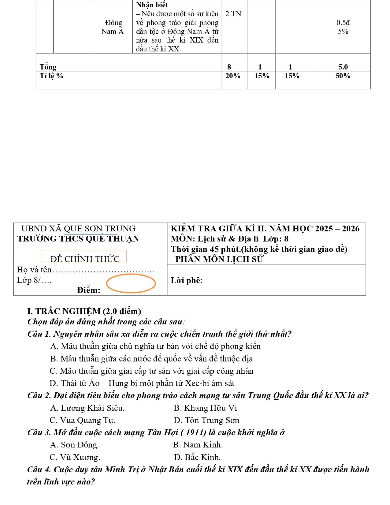 Đề thi Giữa kì 2 Lịch sử và Địa lí 8 (Lịch sử) năm 2025 - 2026 trường THCS Quế Thuận (Đà Nẵng)
