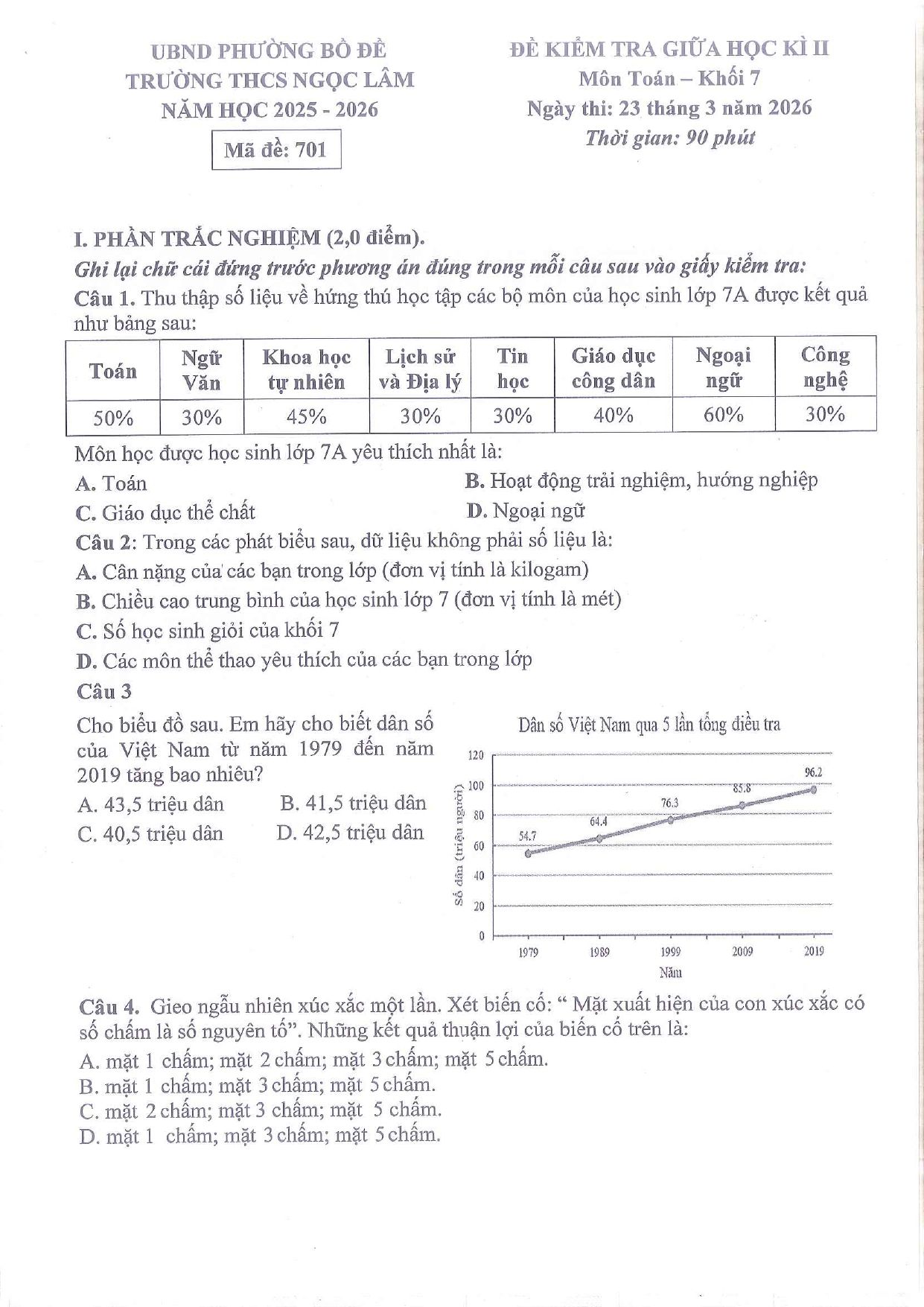 Đề thi Giữa kì 2 Toán 7 năm 2025 - 2026 trường THCS Ngọc Lâm (Hà Nội)