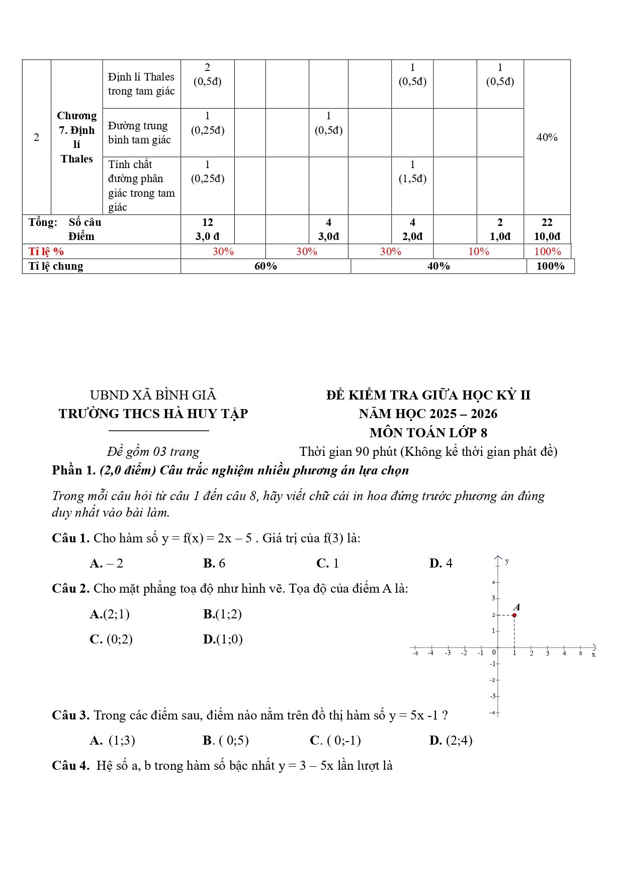 Đề thi Giữa kì 2 Toán 8 năm 2025 - 2026 trường THCS Hà Huy Tập (TP Hồ Chí Minh)