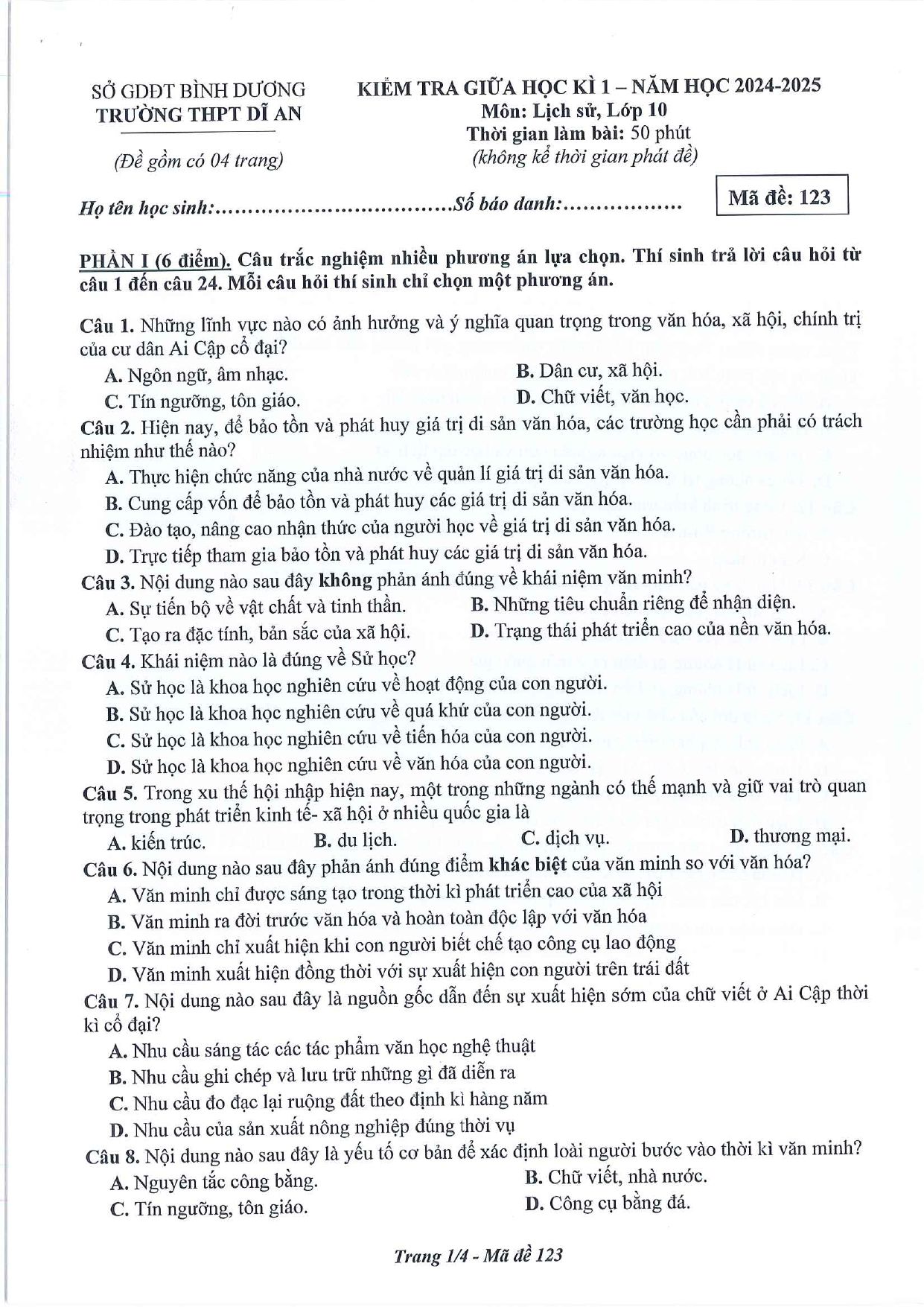 Đề thi Giữa kì 1 Lịch sử 10 năm 2024 - 2025 trường THPT Dĩ An (Bình Dương)