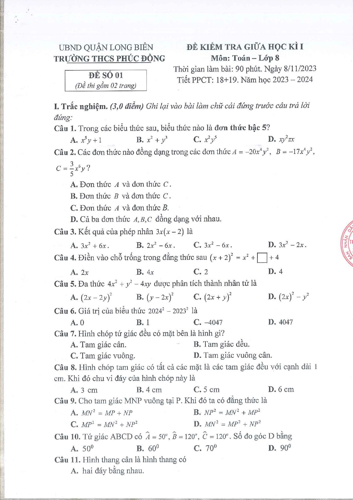 Đề thi Giữa kì 1 Toán 8 năm 2023 - 2024 trường THCS Phúc Đồng (Hà Nội)