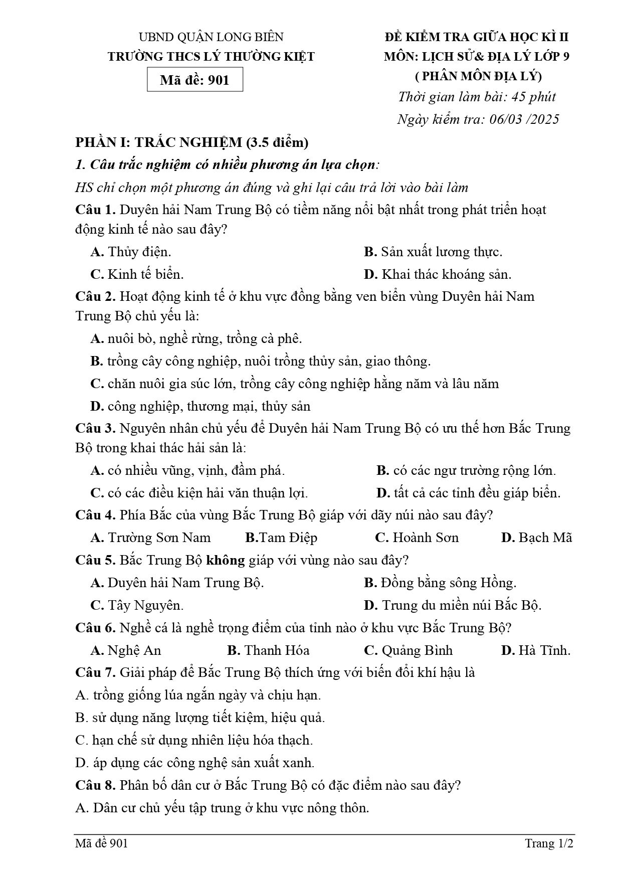 Đề thi Giữa kì 2 Lịch sử và Địa lí 9 năm 2024 - 2025 trường THCS Lý Thường Kiệt (Hà Nội)
