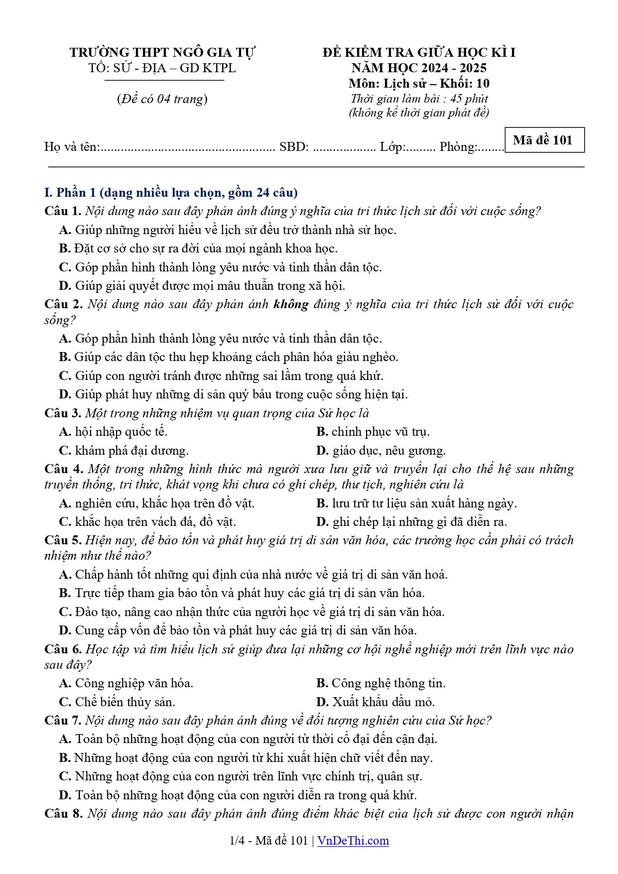 Đề thi Giữa kì 1 Lịch sử 10 năm 2024 - 2025 trường THPT Ngô Gia Tự (Đắk Lắk)