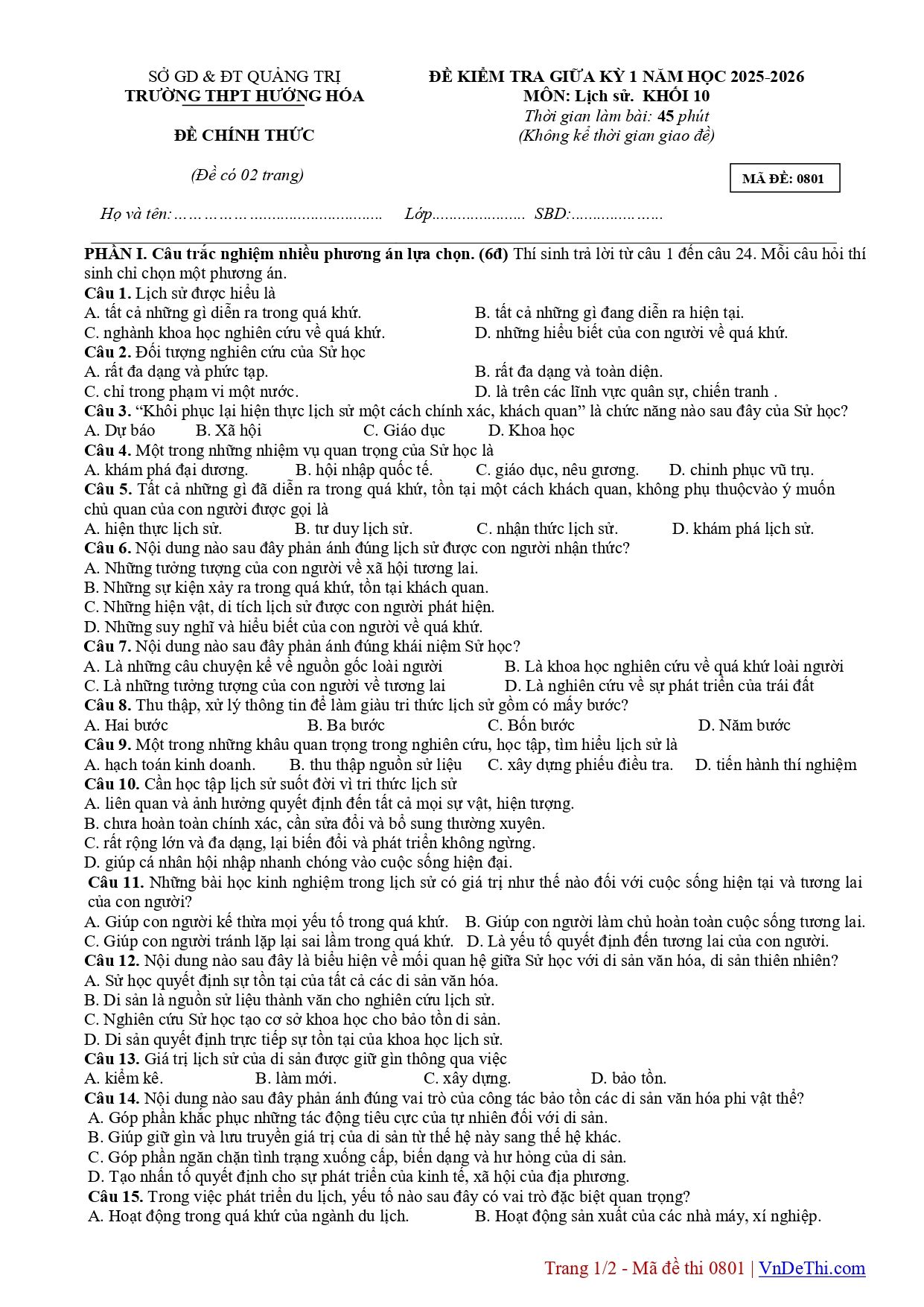 Đề thi Giữa kì 1 Lịch sử 10 năm 2025 - 2026 trường THPT Hướng Hoá (Quảng Trị)