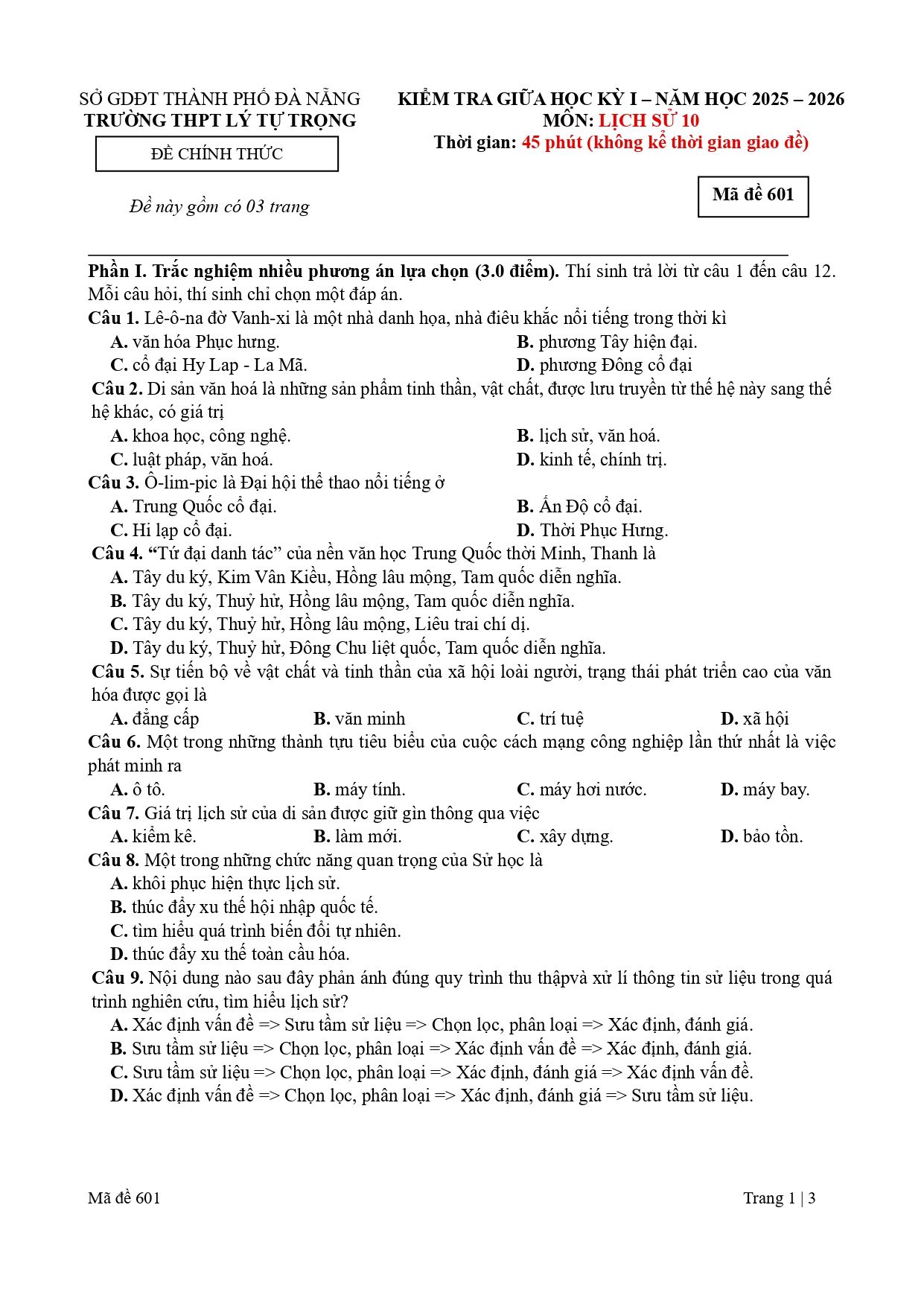 Đề thi Giữa kì 1 Lịch sử 10 năm 2025 - 2026 trường THPT Lý Tự Trọng (Đà Nẵng)
