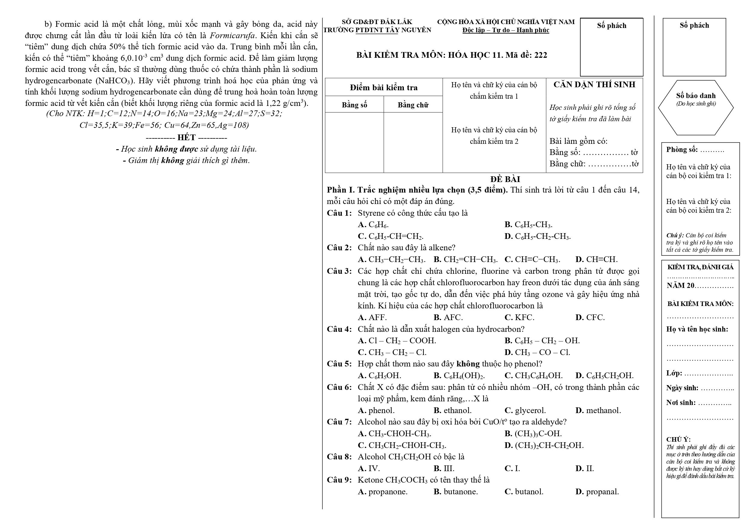 Đề thi Học kì 2 Hóa học 11 năm 2024-2025 trường PTDTNT Tây Nguyên (Đắk Lắk)