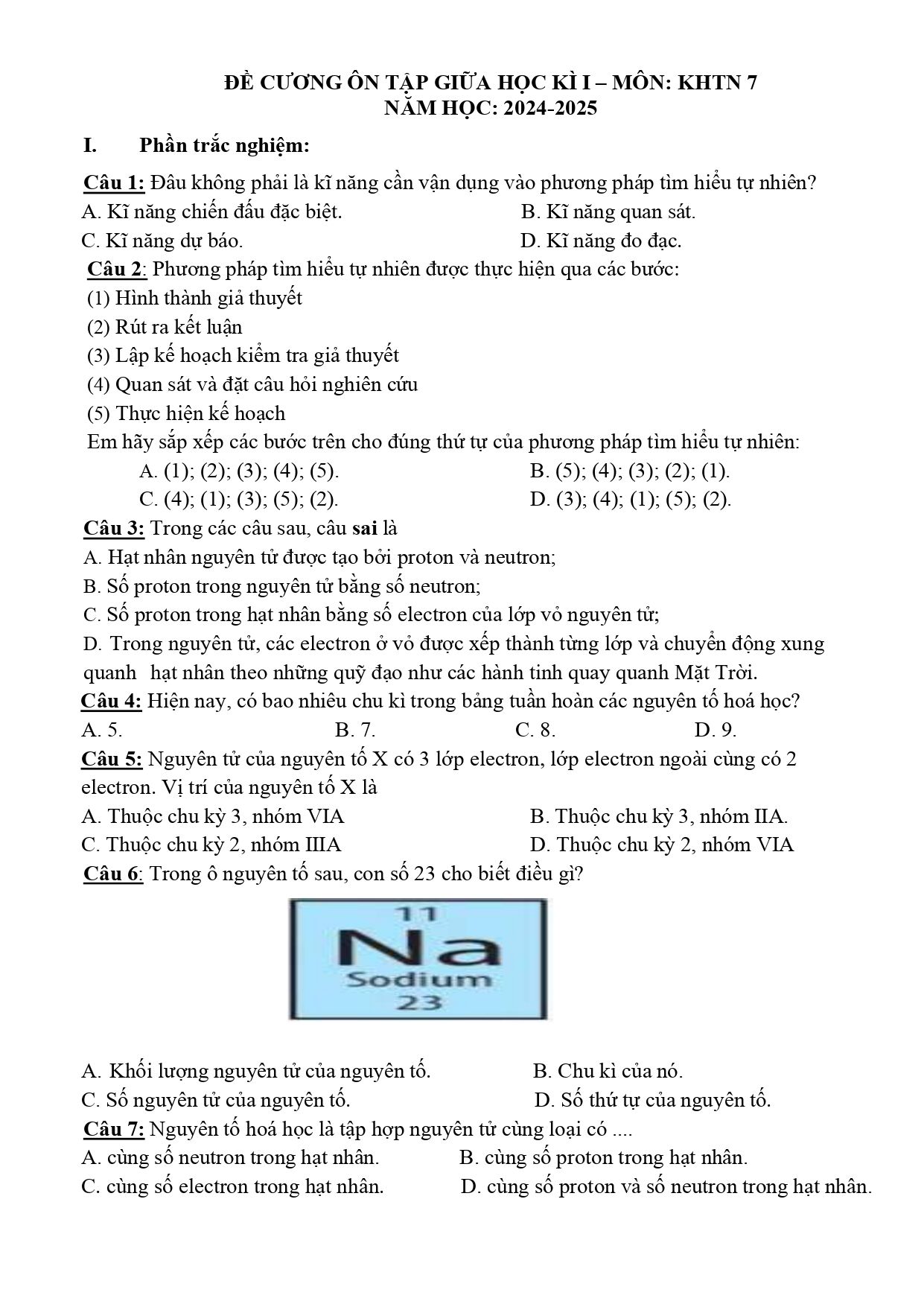 Đề cương ôn tập Giữa kì 1 KHTN 7 năm 2024–2025 trường THCS Dương Văn Mạnh (Bà Rịa - Vũng Tàu)