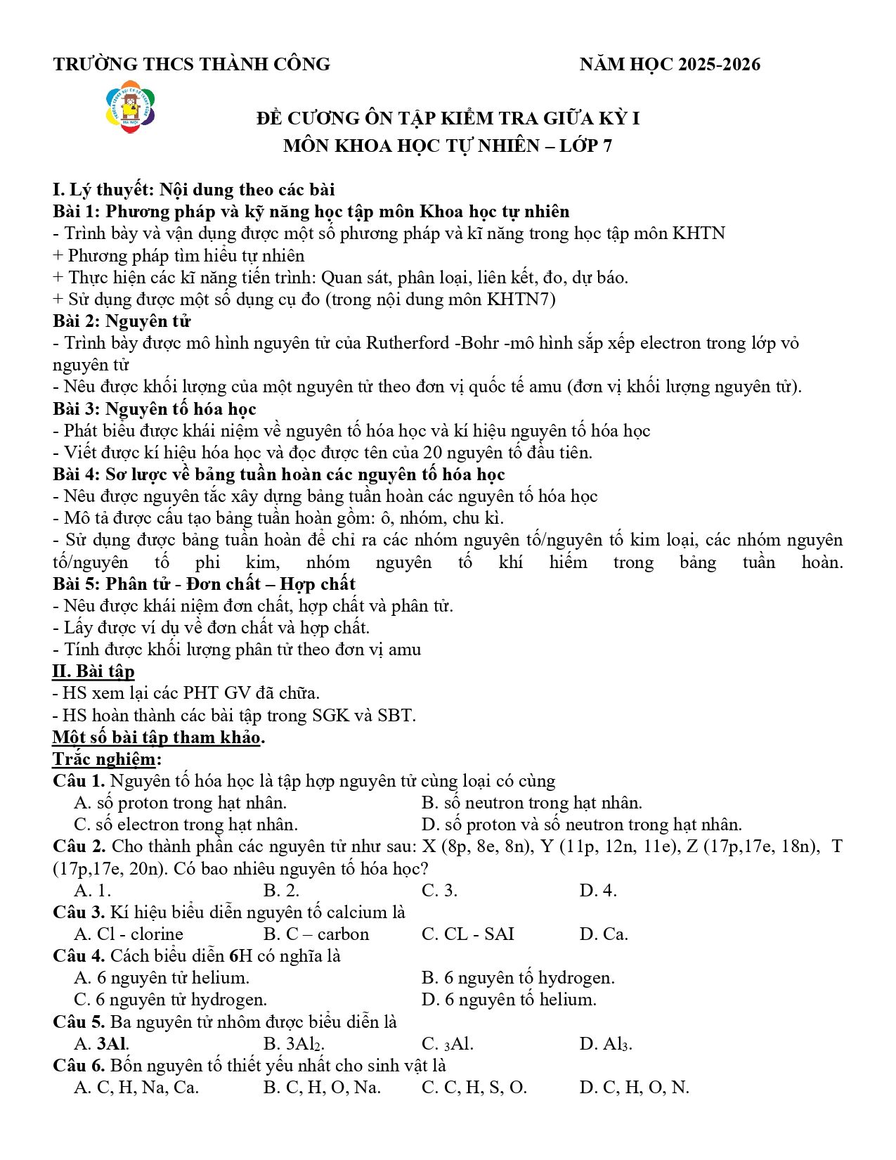 Đề cương ôn tập Giữa kì 1 KHTN 7 năm 2025–2026 trường THCS Thành Công (Hà Nội)