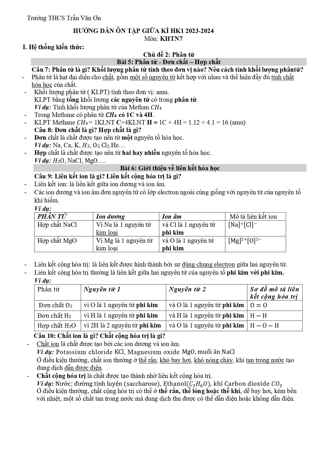 Đề cương ôn tập Giữa kì 1 KHTN 7 năm 2023–2024 trường THCS Trần Văn Ơn (TP Hồ Chí Minh)