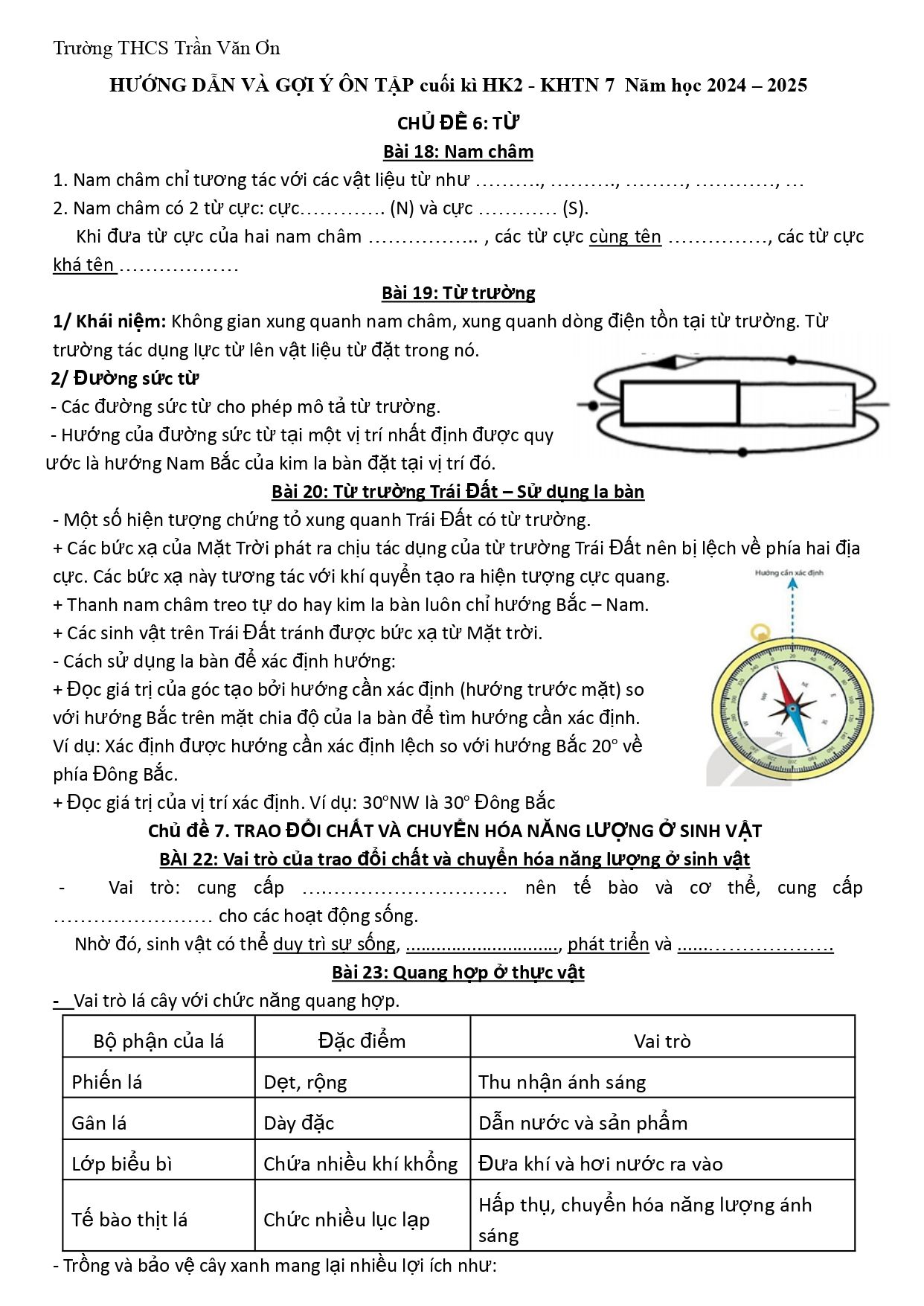 Đề cương ôn tập Học kì 2 KHTN 7 năm 2024–2025 trường THCS Trần Văn Ơn (TP Hồ Chí Minh)