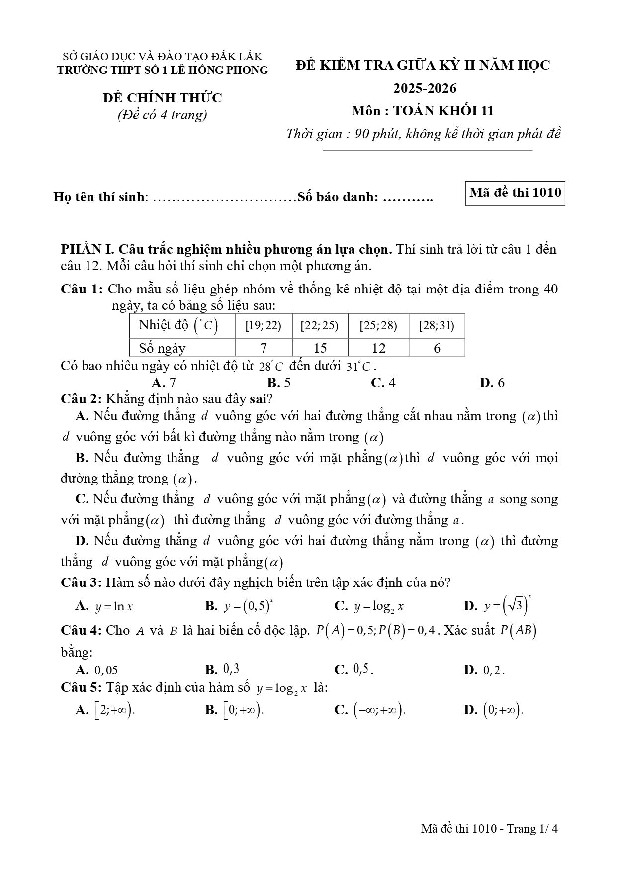 Đề thi Giữa kì 2 Toán 11 năm 2025 - 2026 trường THPT Số 1 Lê Hồng Phong (Đắk Lắk)