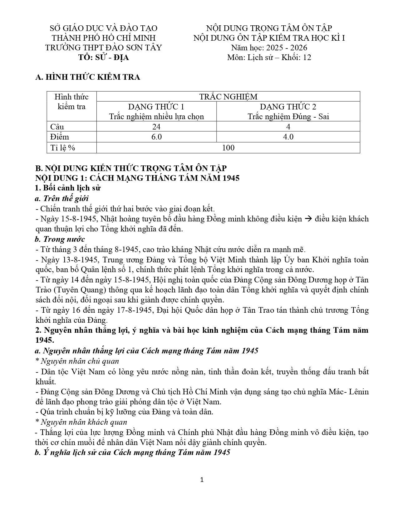 Đề cương ôn tập Học kì 1 Lịch sử 12 năm 2025–2026 trường THPT Đào Sơn Tây (TP Hồ Chí Minh)