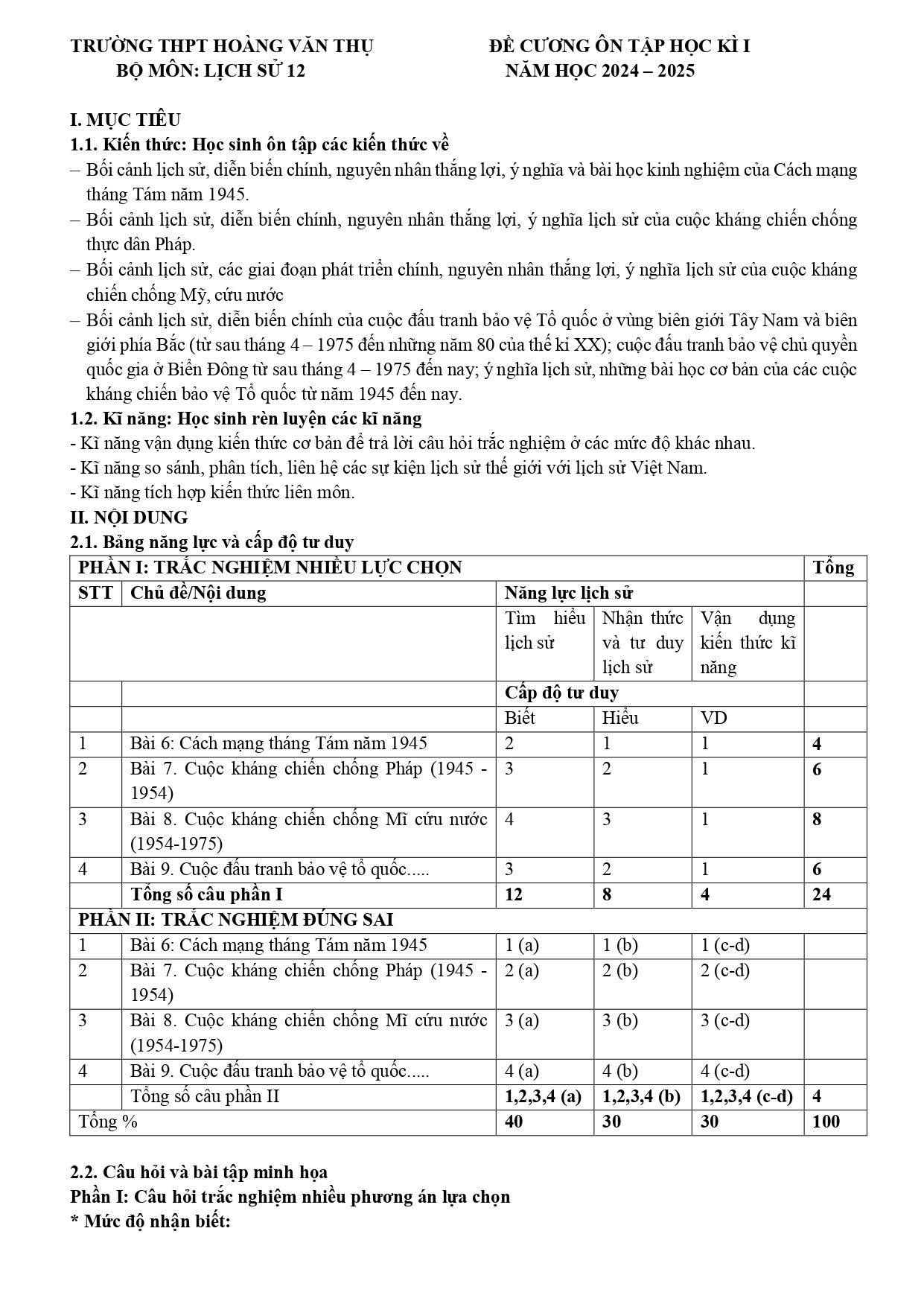 Đề cương ôn tập Học kì 1 Lịch sử 12 năm 2024–2025 trường THPT Hoàng Văn Thụ (Hà Nội)