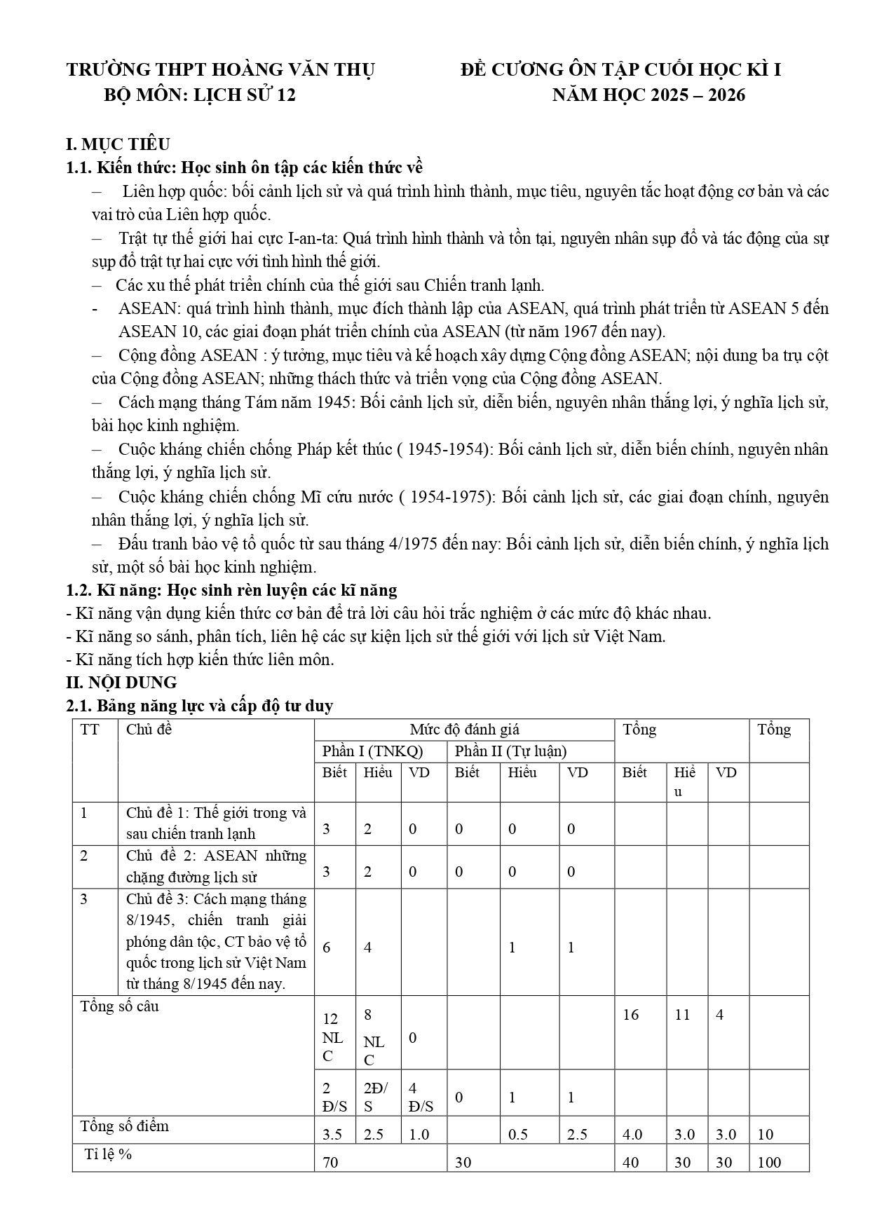 Đề cương ôn tập Học kì 1 Lịch sử 12 năm 2025–2026 trường THPT Hoàng Văn Thụ (Hà Nội)