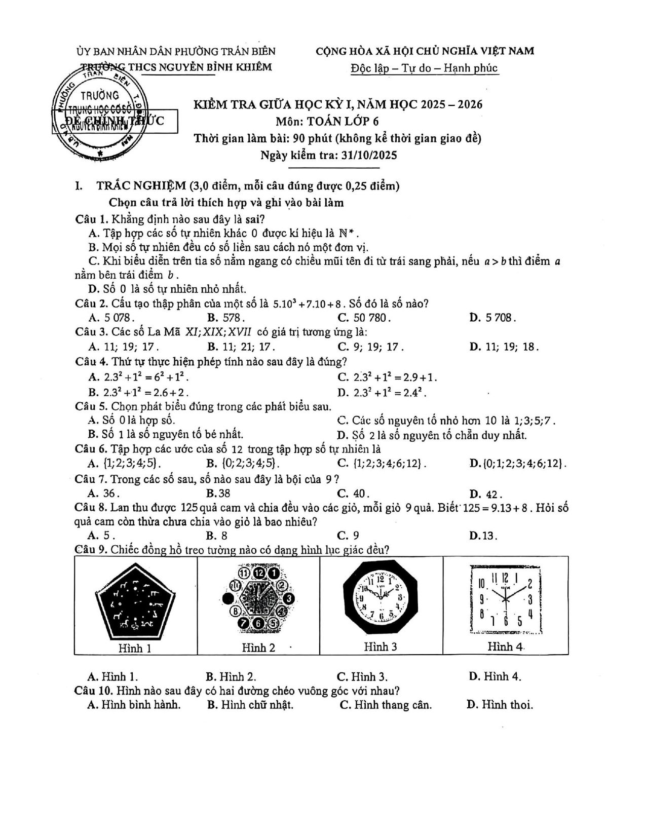 Đề thi Giữa kì 1 Toán 6 năm 2025 - 2026 trường THCS Nguyễn Bỉnh Khiêm (Đồng Nai)