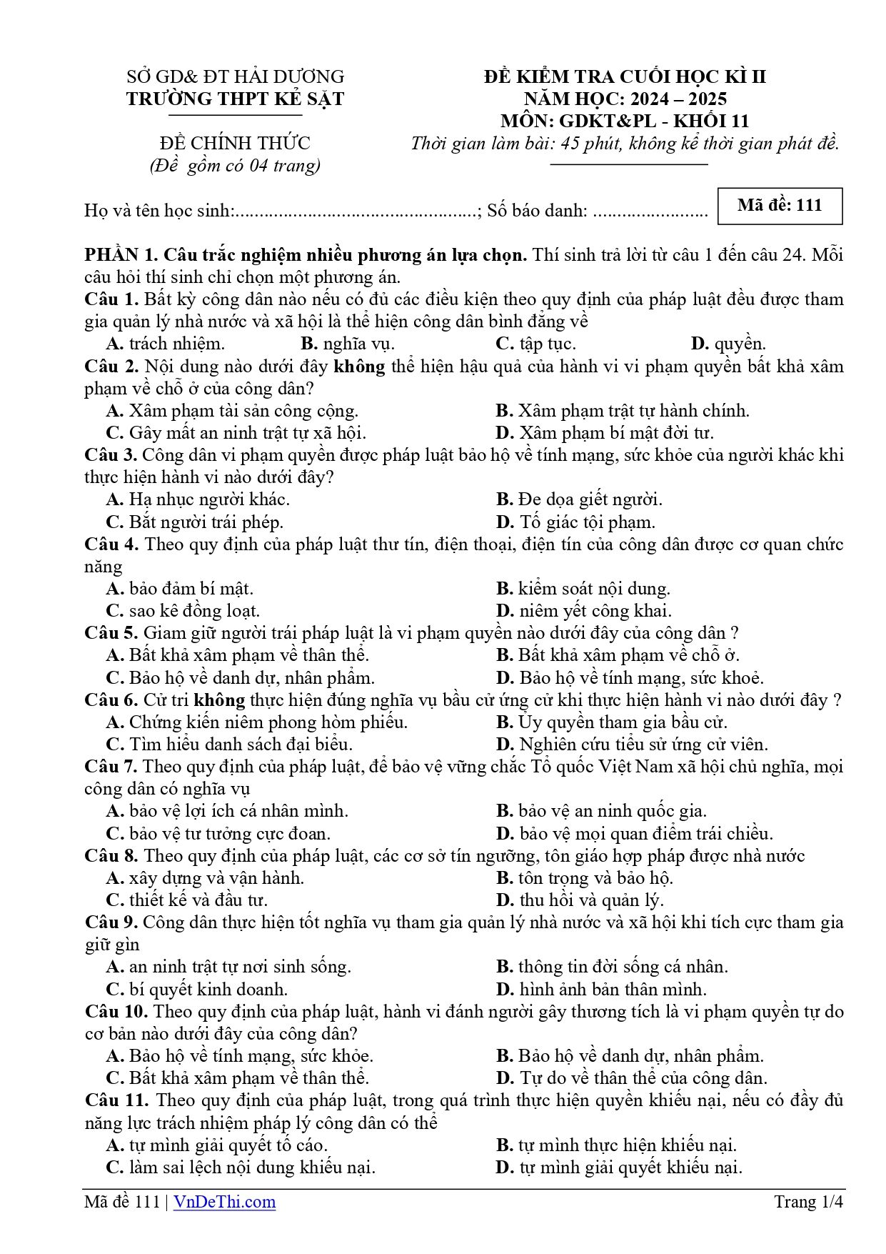 Đề thi Học kì 2 KTPL 11 năm 2024-2025 trường THPT Kẻ Sặt (Hải Dương)