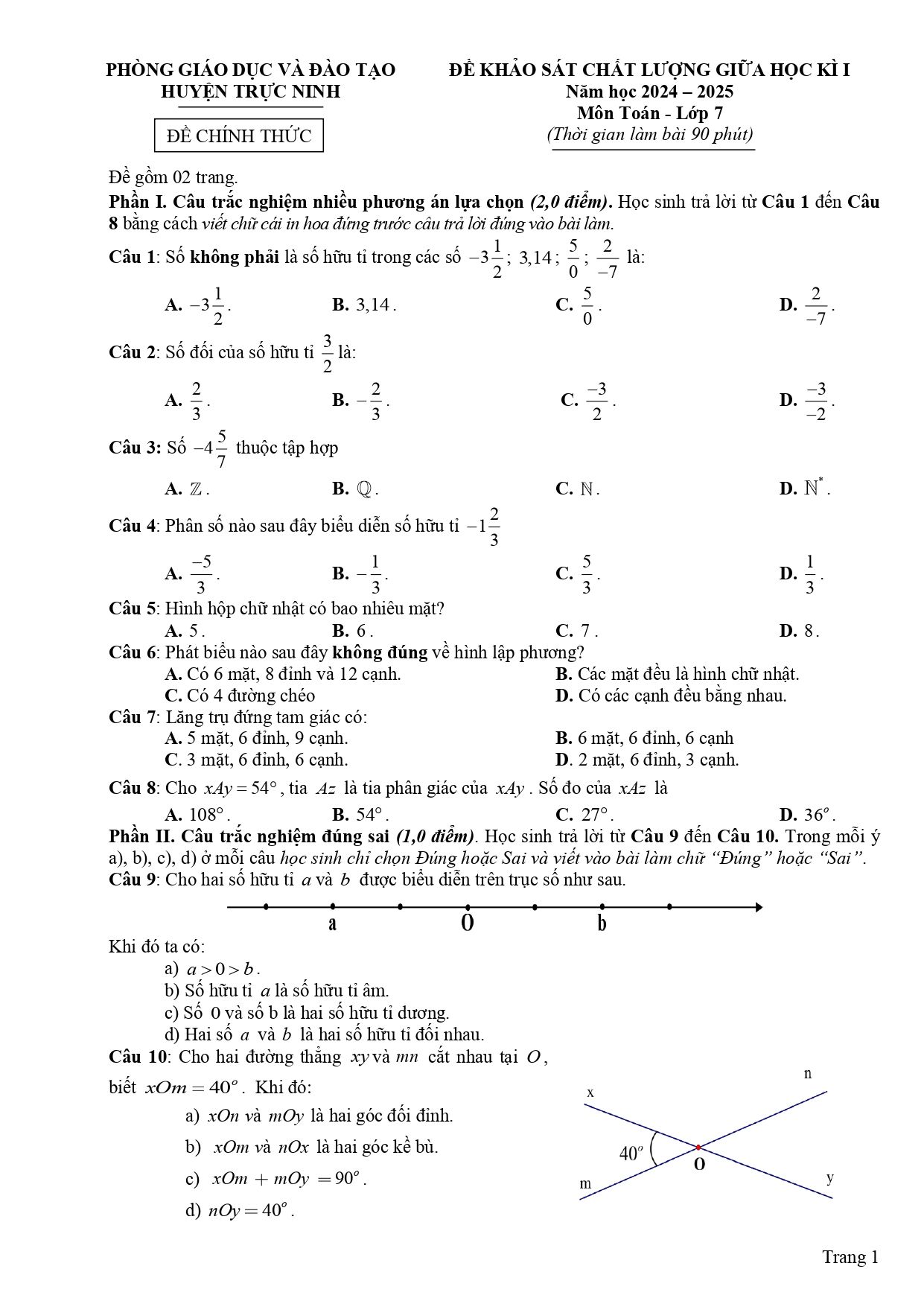Đề thi Giữa kì 1 Toán 7 năm 2024 - 2025 Phòng Trực Ninh (Nam Định)