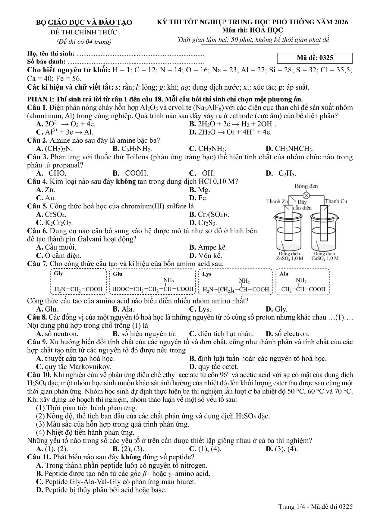 Đề chính thức Hóa học năm 2026 Tốt nghiệp THPT (Mã đề 0325)
