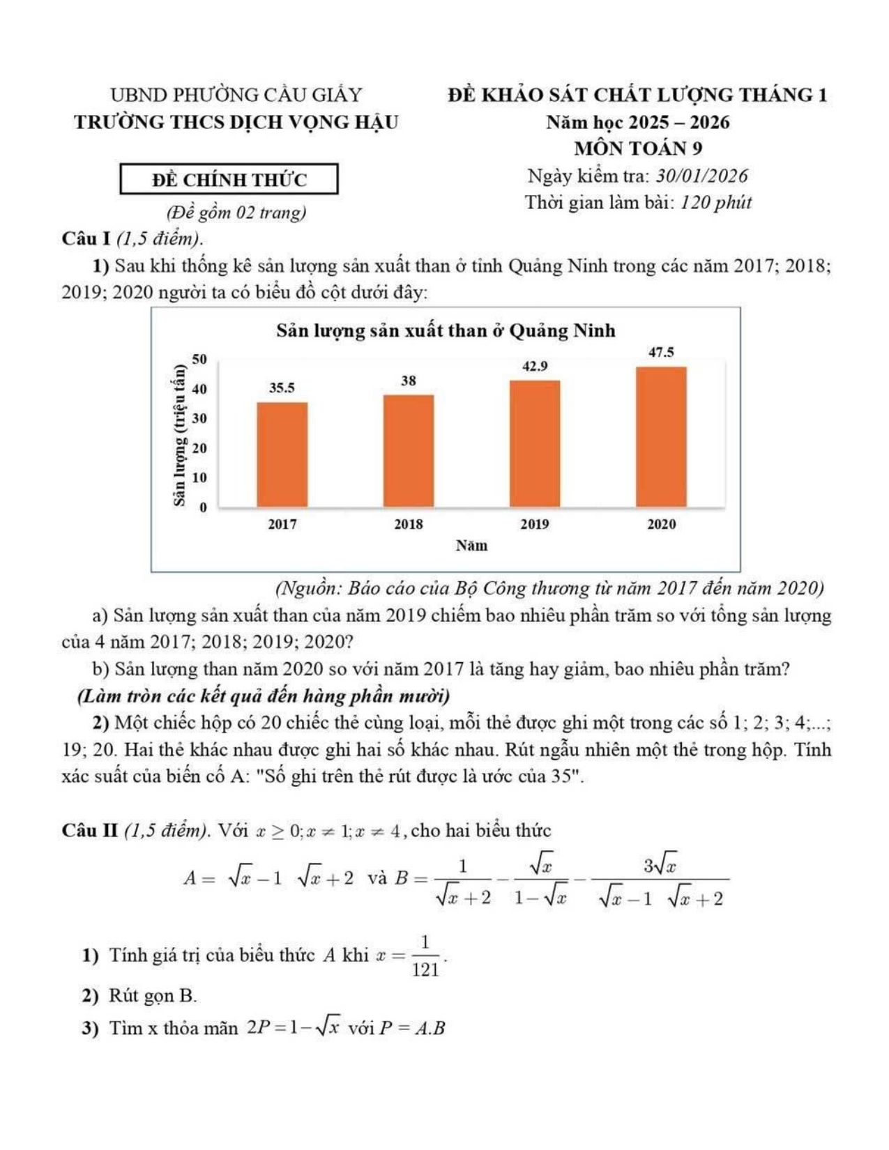 Đề Khảo sát chất lượng Toán 9 tháng 1 năm 2026 trường THCS Dịch Vọng Hậu (Hà Nội)