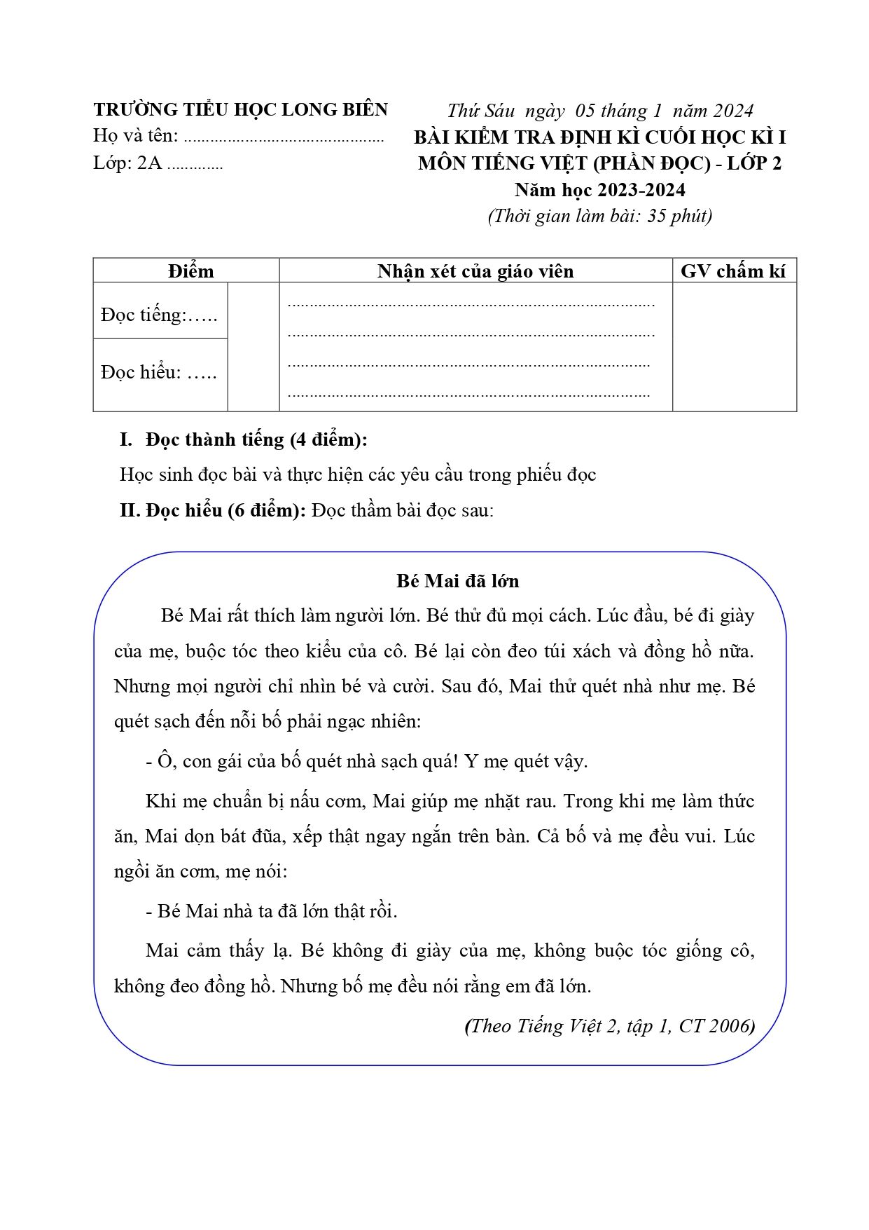 Đề thi Học kì 1 Tiếng Việt lớp 2 năm 2023-2024 trường Tiểu học Long Biên (Hà Nội)
