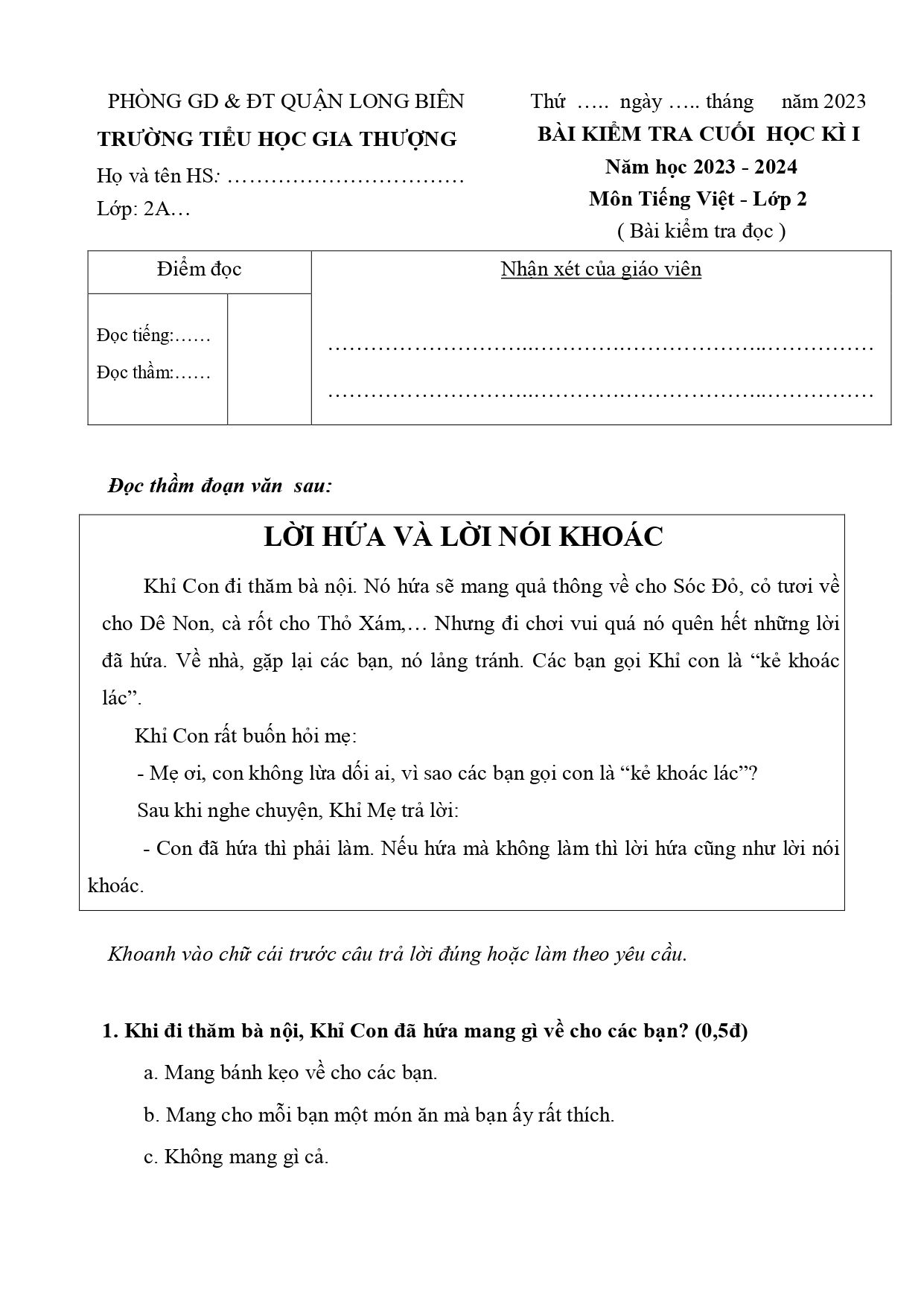 Đề thi Học kì 1 Tiếng Việt lớp 2 năm 2023-2024 trường Tiểu học Gia Thượng (Đề số 4) (Hà Nội)
