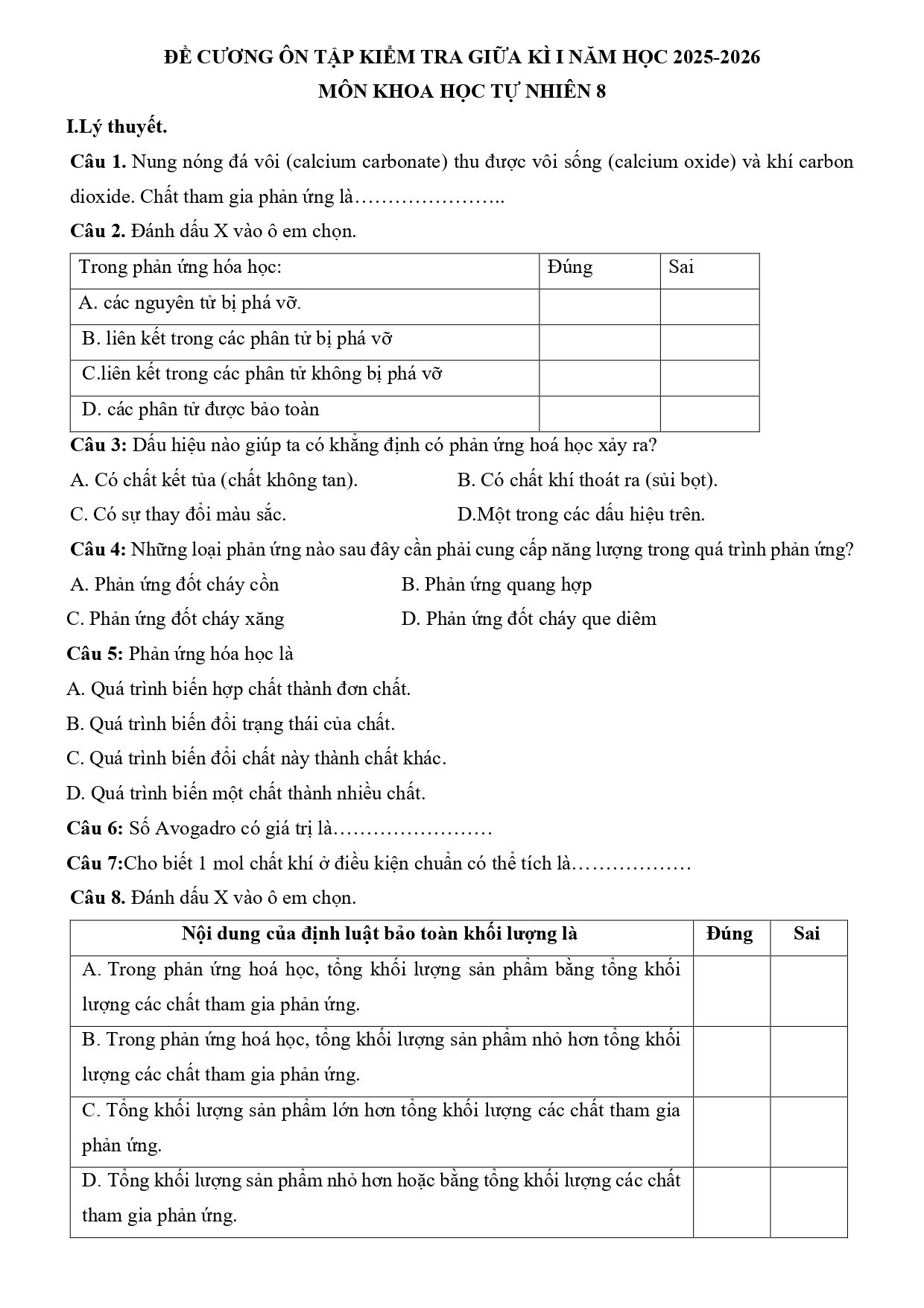 Đề cương ôn tập Giữa kì 1 KHTN 8 năm 2025–2026 trường THCS Dương Văn Mạnh (Bà Rịa Vũng Tàu)