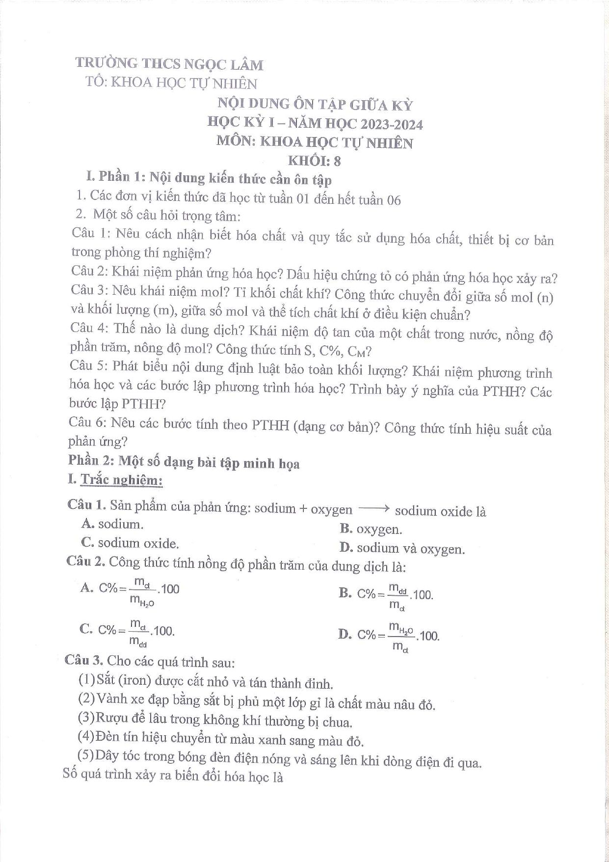 Đề cương ôn tập Giữa kì 1 KHTN 8 năm 2023–2024 trường THCS Ngọc Lâm (Hà Nội)