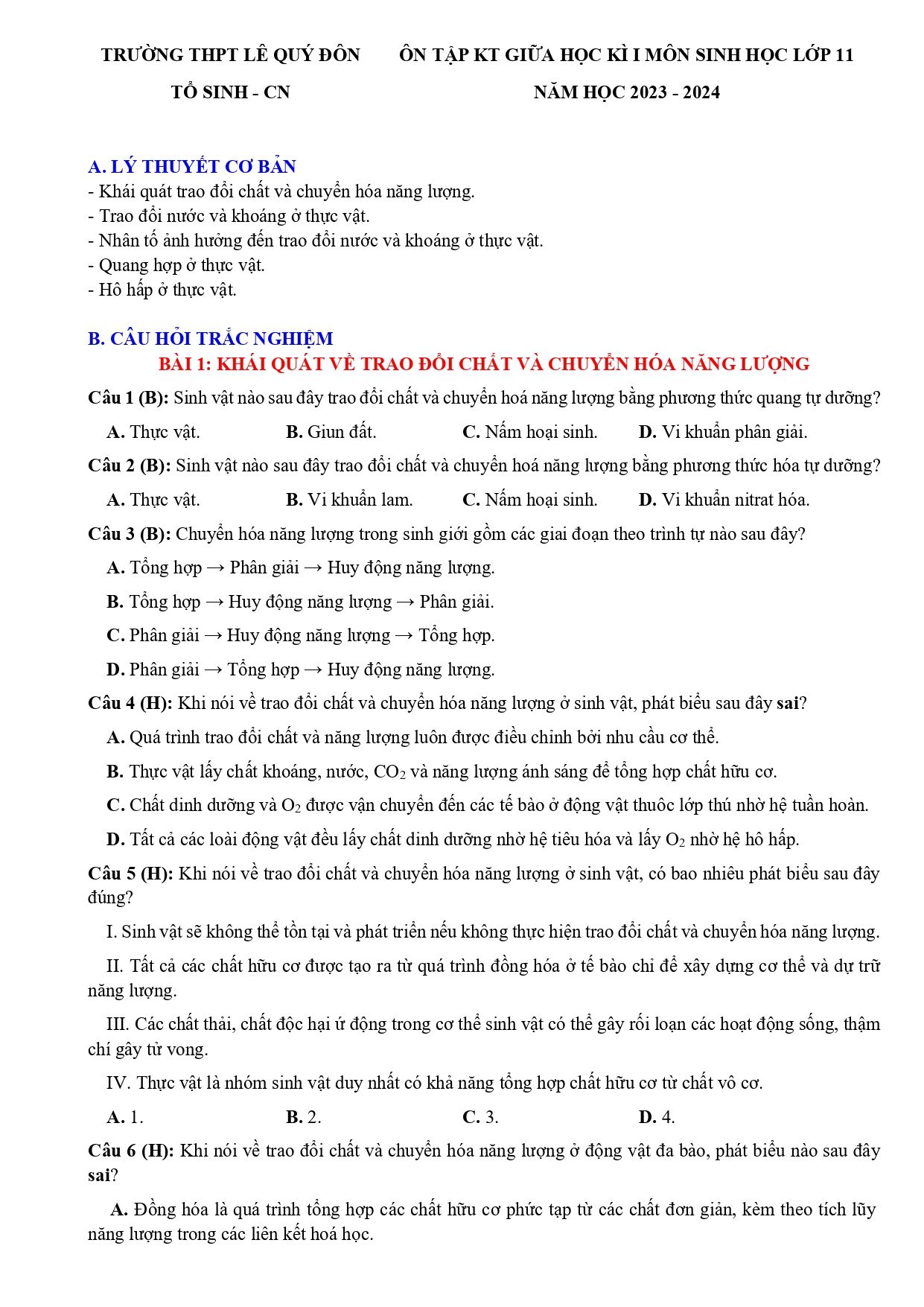Đề cương ôn tập Giữa kì 1 Sinh học 11 năm 2023–2024 trường THPT Lê Quý Đôn (Đắk Lắk)