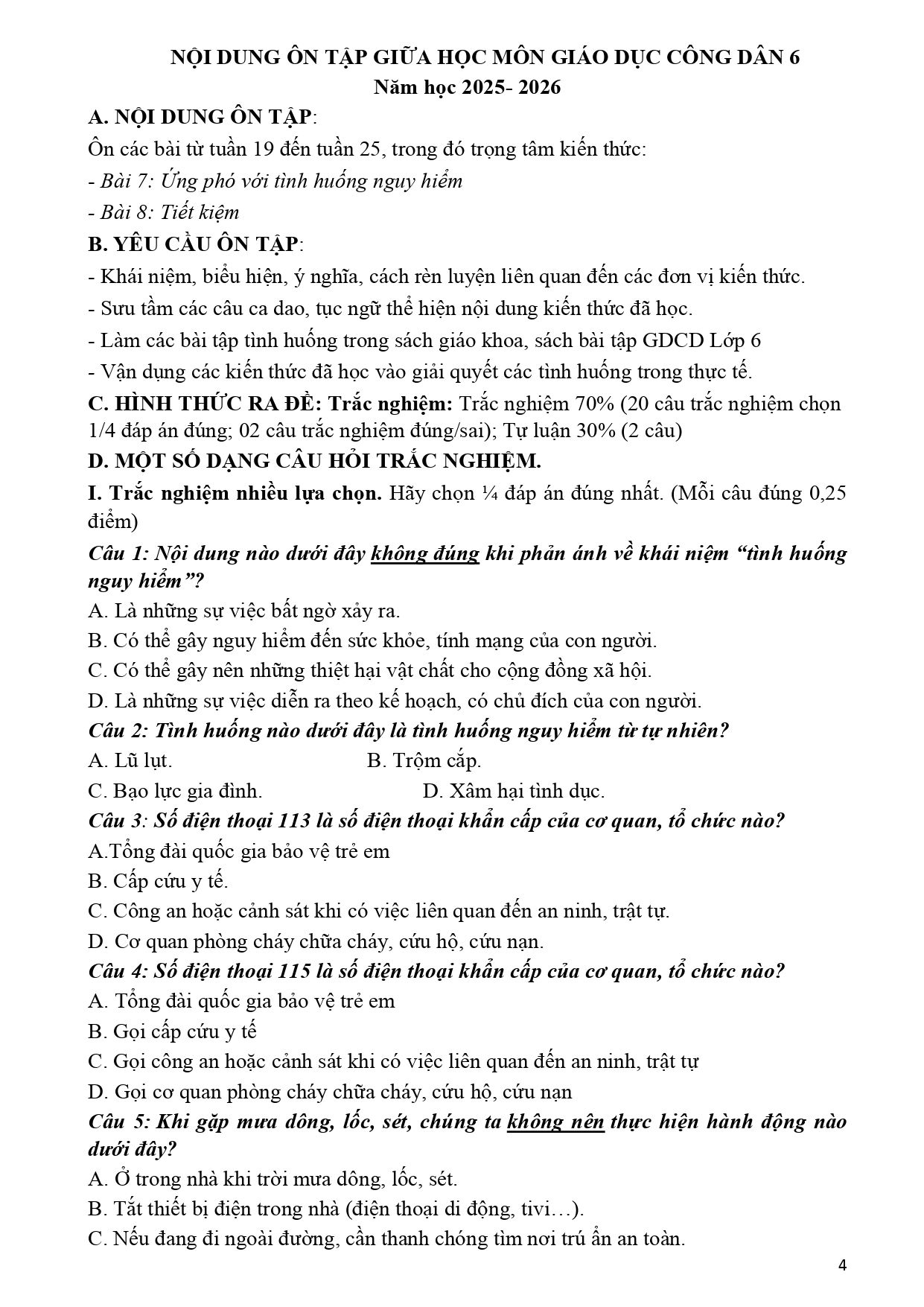 Đề cương ôn tập Giữa kì 2 GDCD 6 năm 2025–2026 trường THCS Ngọc Thuỵ (Hà Nội)