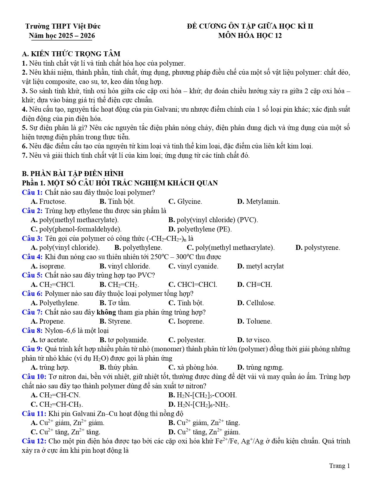Đề cương ôn tập Giữa kì 2 Hóa học 12 năm 2025–2026 trường THPT Việt Đức (Hà Nội)