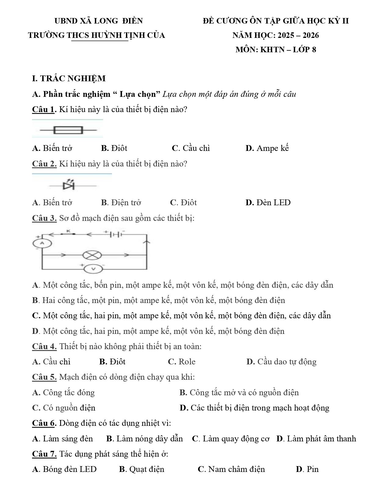 Đề cương ôn tập Giữa kì 2 KHTN 8 năm 2025–2026 trường THCS Huỳnh Tịnh Của (TP Hồ Chí Minh)