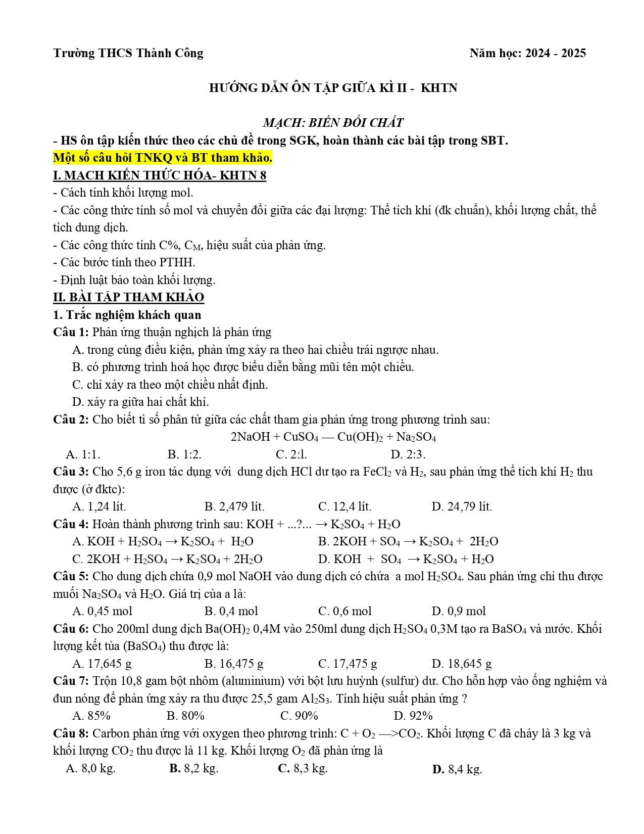 Đề cương ôn tập Giữa kì 2 KHTN 8 năm 2024–2025 trường THCS Thành Công (Hà Nội)