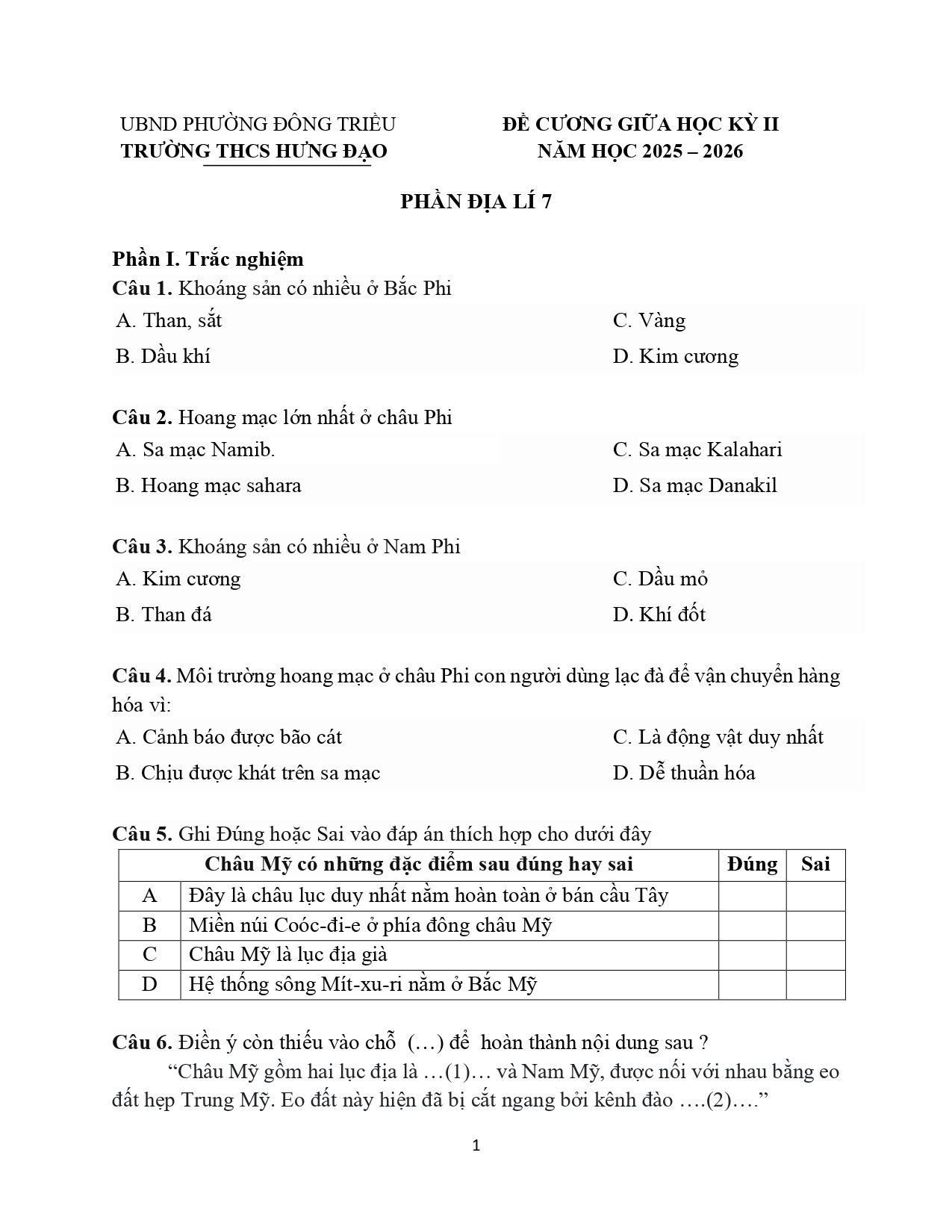 Đề cương ôn tập Giữa kì 2 Lịch sử và Địa lí 7 năm 2025–2026 trường THCS Trần Hưng Đạo (Quảng Ninh)