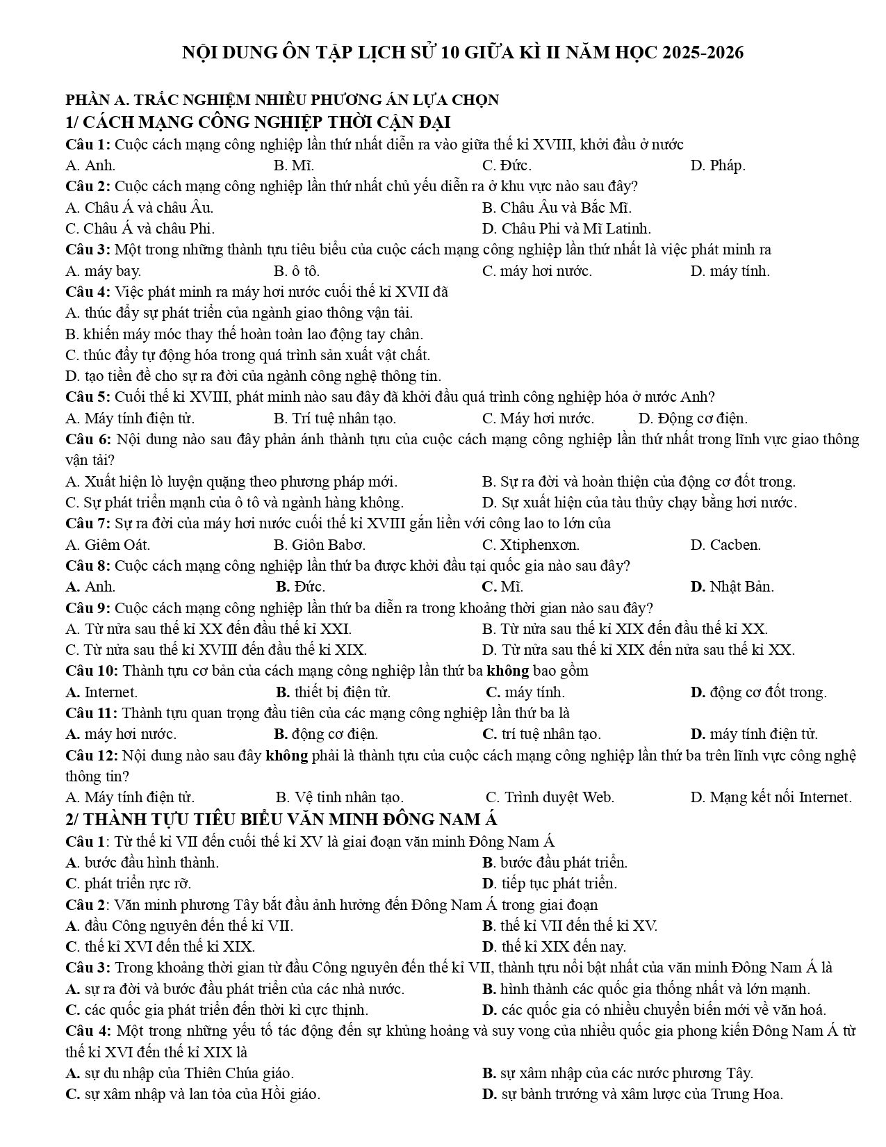 Đề cương ôn tập Giữa kì 2 Lịch sử 10 năm 2025–2026 trường THPT Bùi Thị Xuân (Đà Lạt)