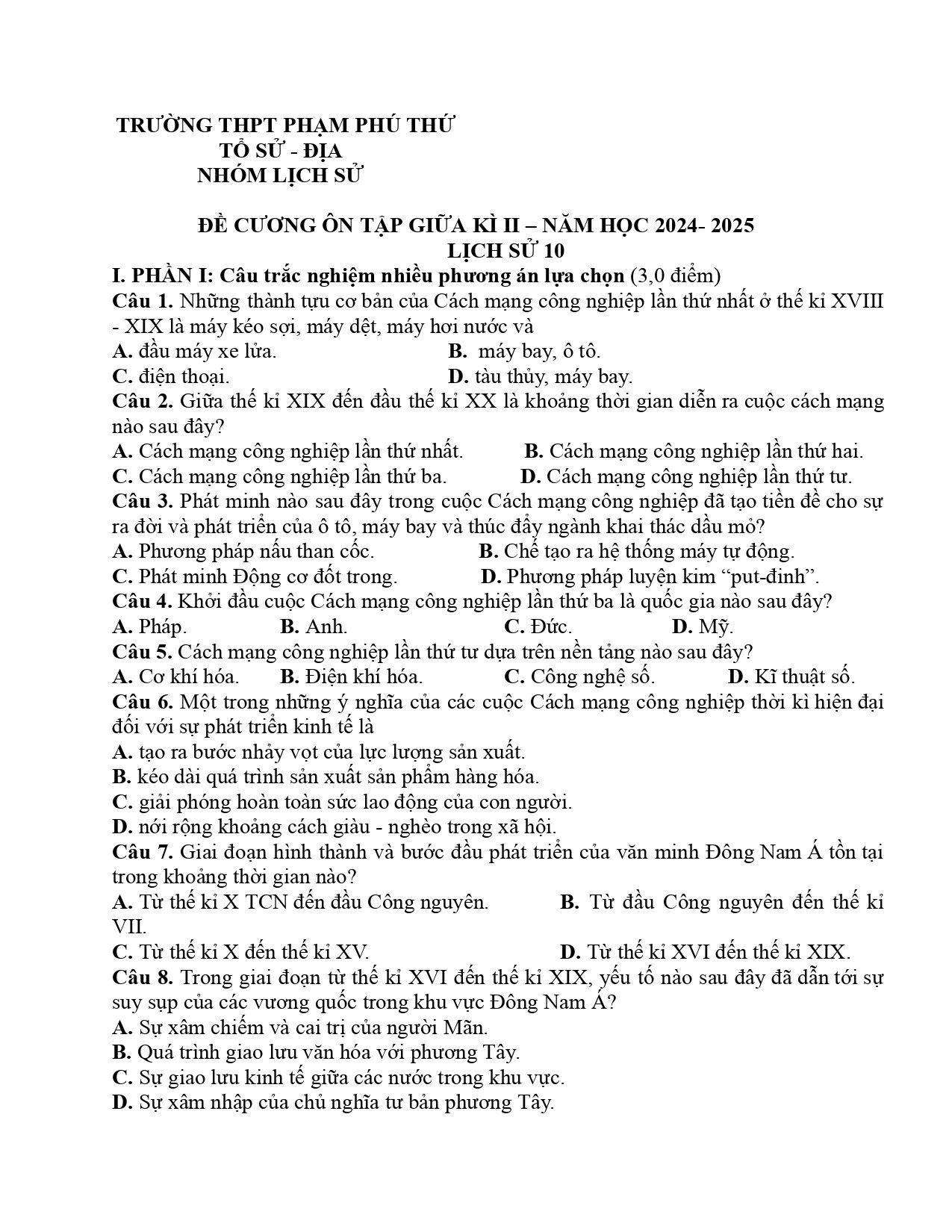 Đề cương ôn tập Giữa kì 2 Lịch sử 10 năm 2024–2025 trường THPT Phạm Phú Thứ (Đà Nẵng)