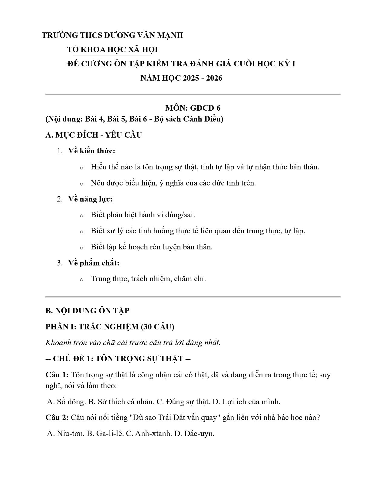 Đề cương ôn tập Học kì 1 GDCD 6 năm 2025–2026 trường THCS Dương Văn Mạnh (Bà Rịa Vũng Tàu)
