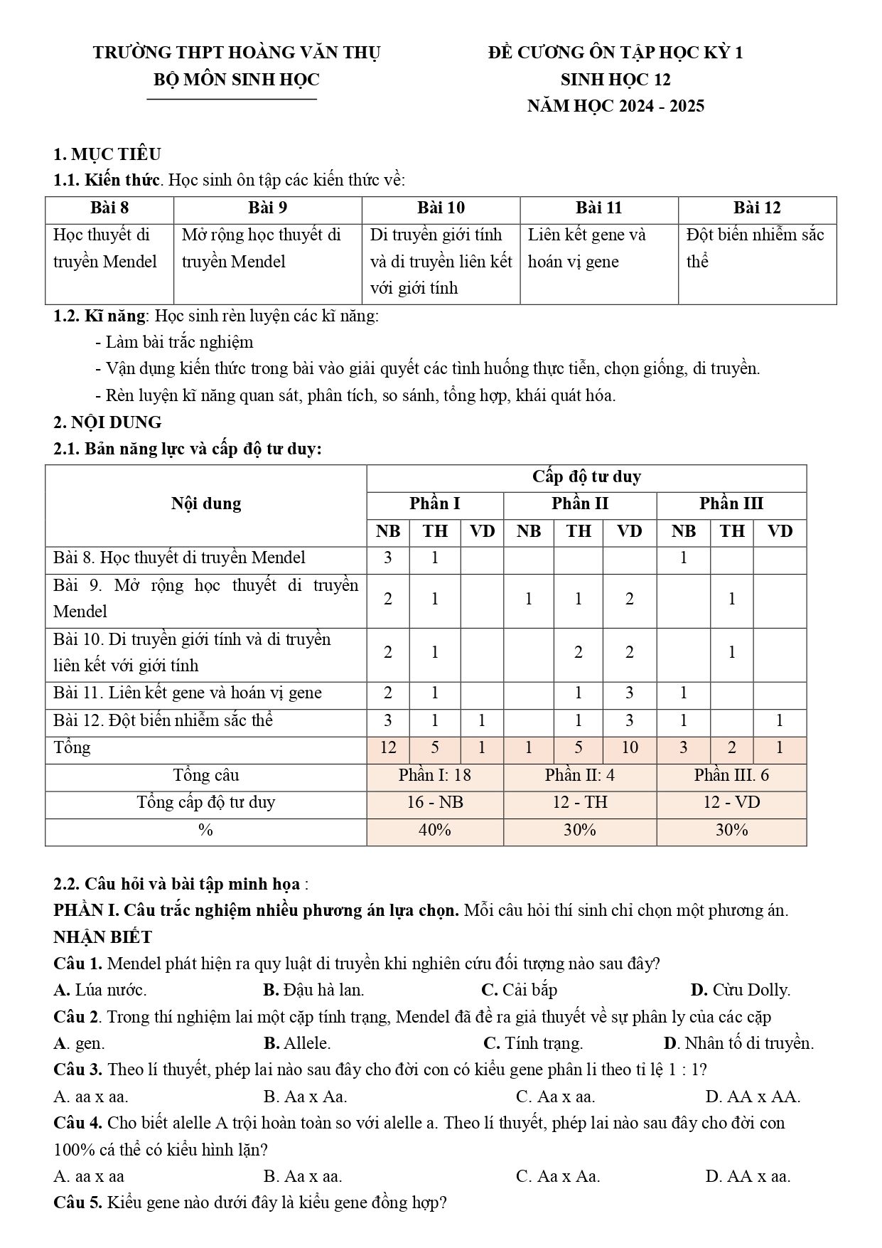 Đề cương ôn tập Học kì 1 Sinh học 12 năm 2024–2025 trường THPT Hoàng Văn Thụ (Hà Nội)