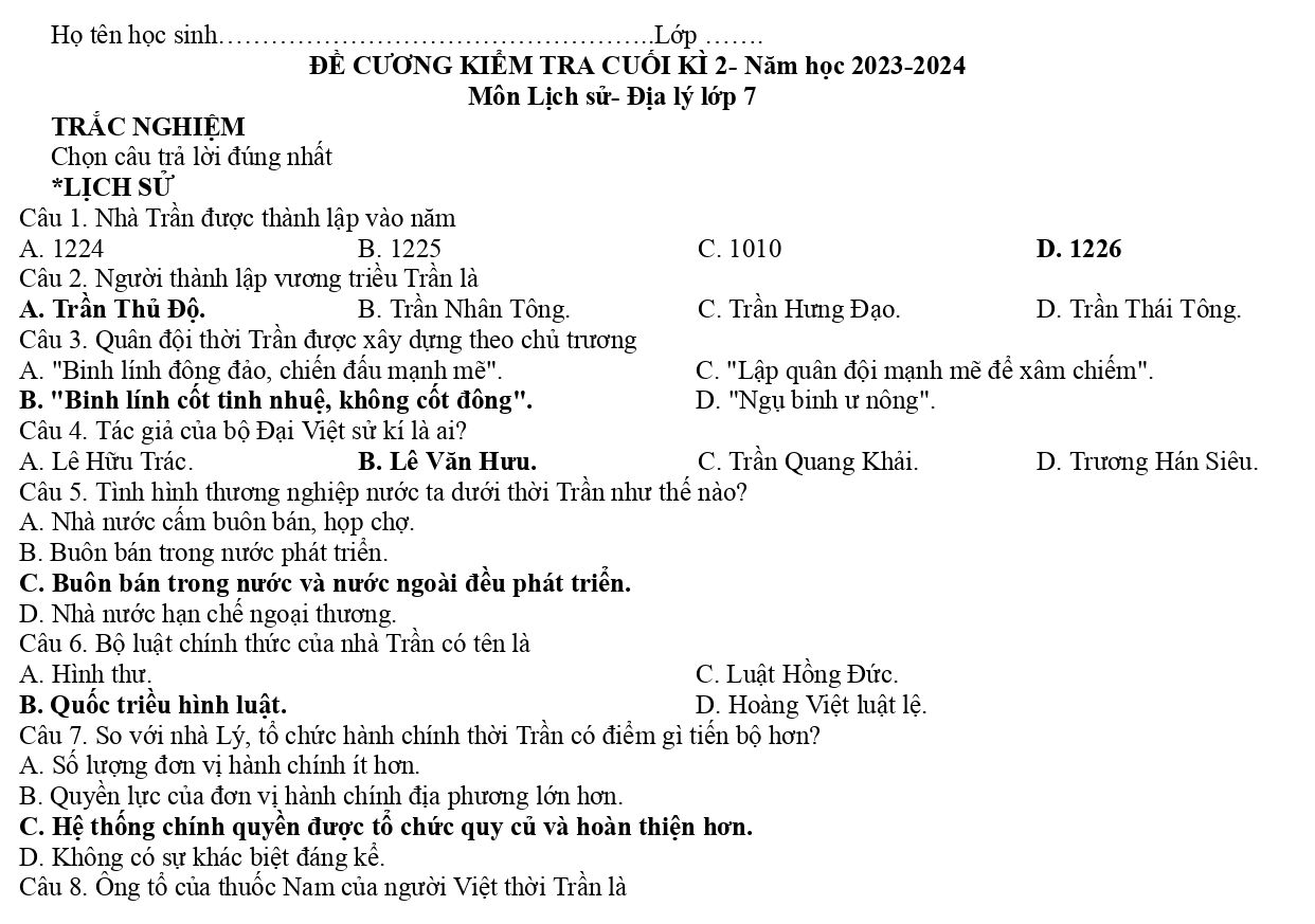 Đề cương ôn tập Học kì 2 Lịch sử và Địa lí 7 năm 2023–2024 trường THCS Minh Đức (TP Hồ Chí Minh)