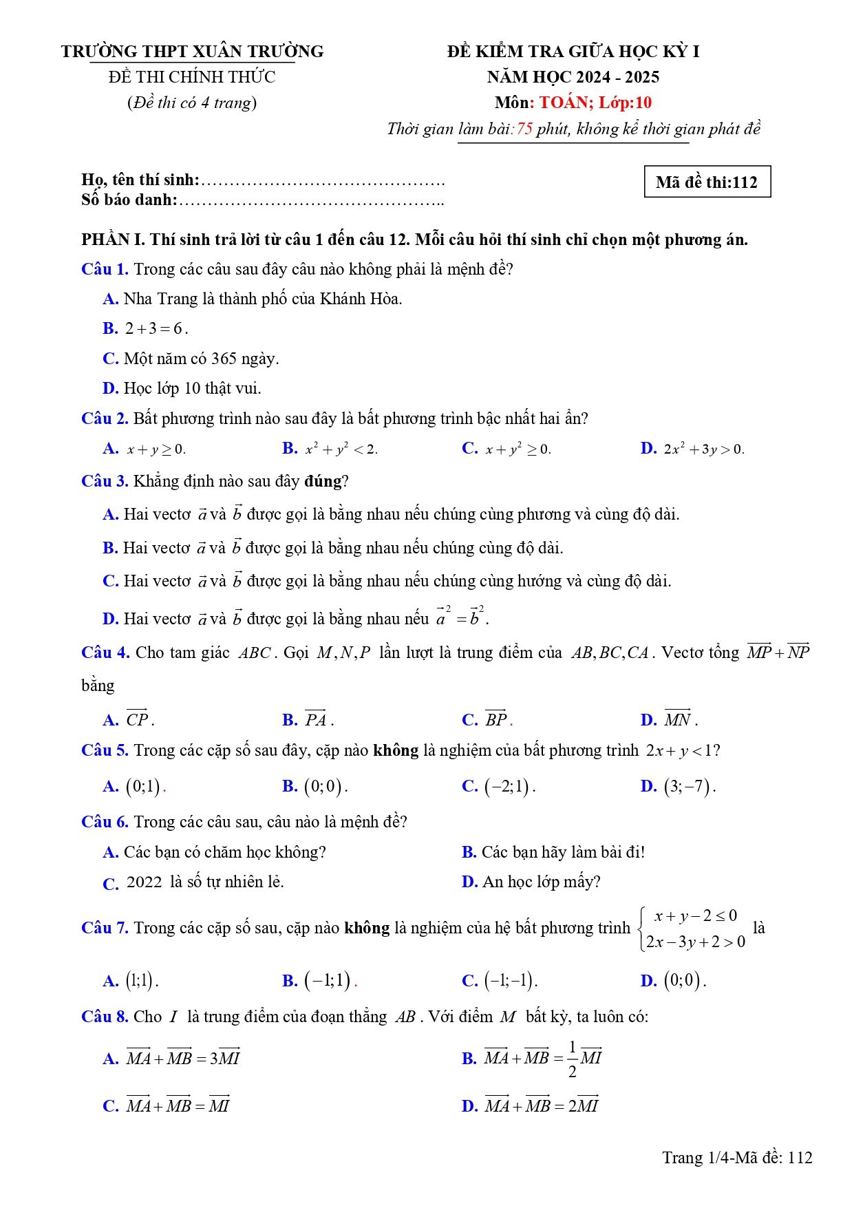 Đề thi Giữa kì 1 Toán 10 năm 2024 - 2025 trường THPT Xuân Trường (Nam Định)