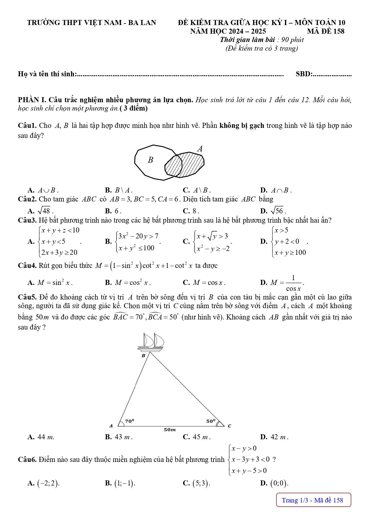 Đề thi Giữa kì 1 Toán 10 năm 2024 - 2025 trường THPT Việt Nam - Ba Lan (Hà Nội)