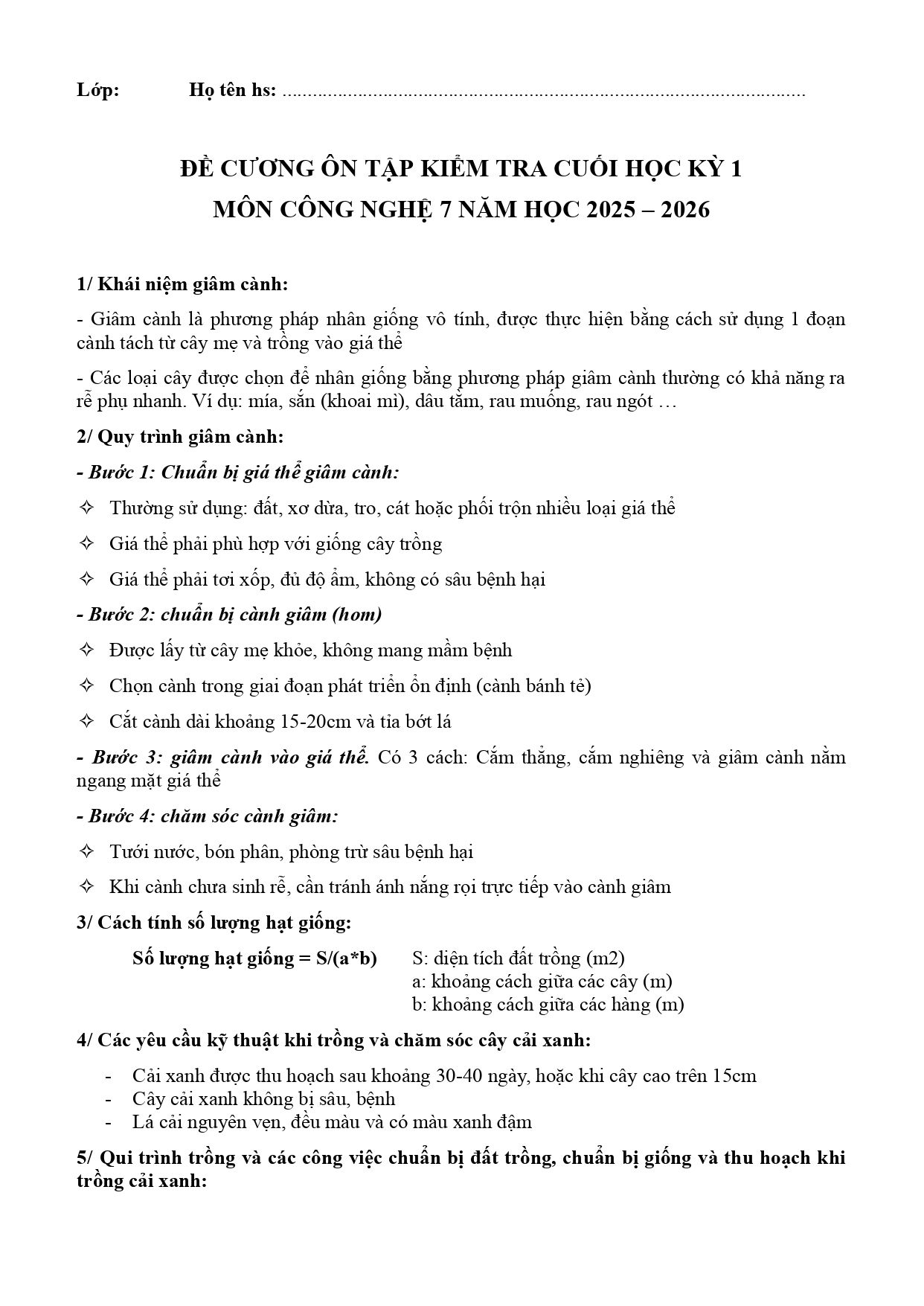 Đề cương ôn tập Học kì 1 Công nghệ 7 năm 2025–2026 trường THCS Trần Văn Ơn (TP Hồ Chí Minh)