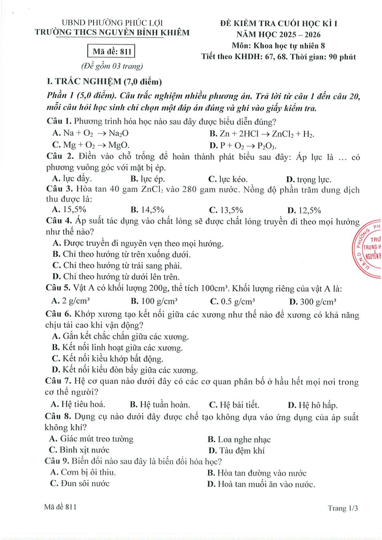 Đề thi Học kì 1 KHTN 8 năm 2025 - 2026 trường THCS Nguyễn Bỉnh Khiêm (Hà Nội)