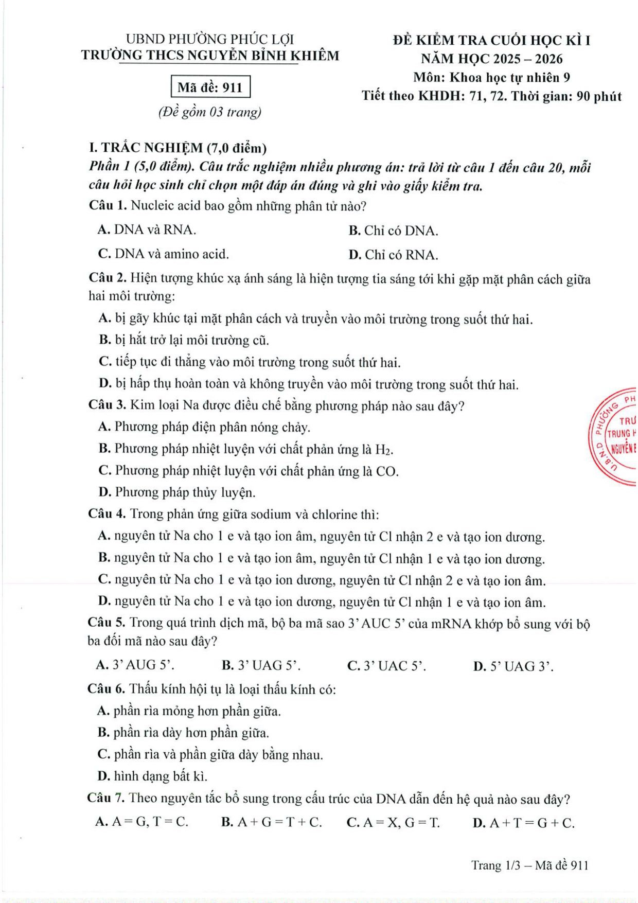 Đề thi Học kì 1 KHTN 9 năm 2025 - 2026 trường THCS Nguyễn Bỉnh Khiêm (Hà Nội)