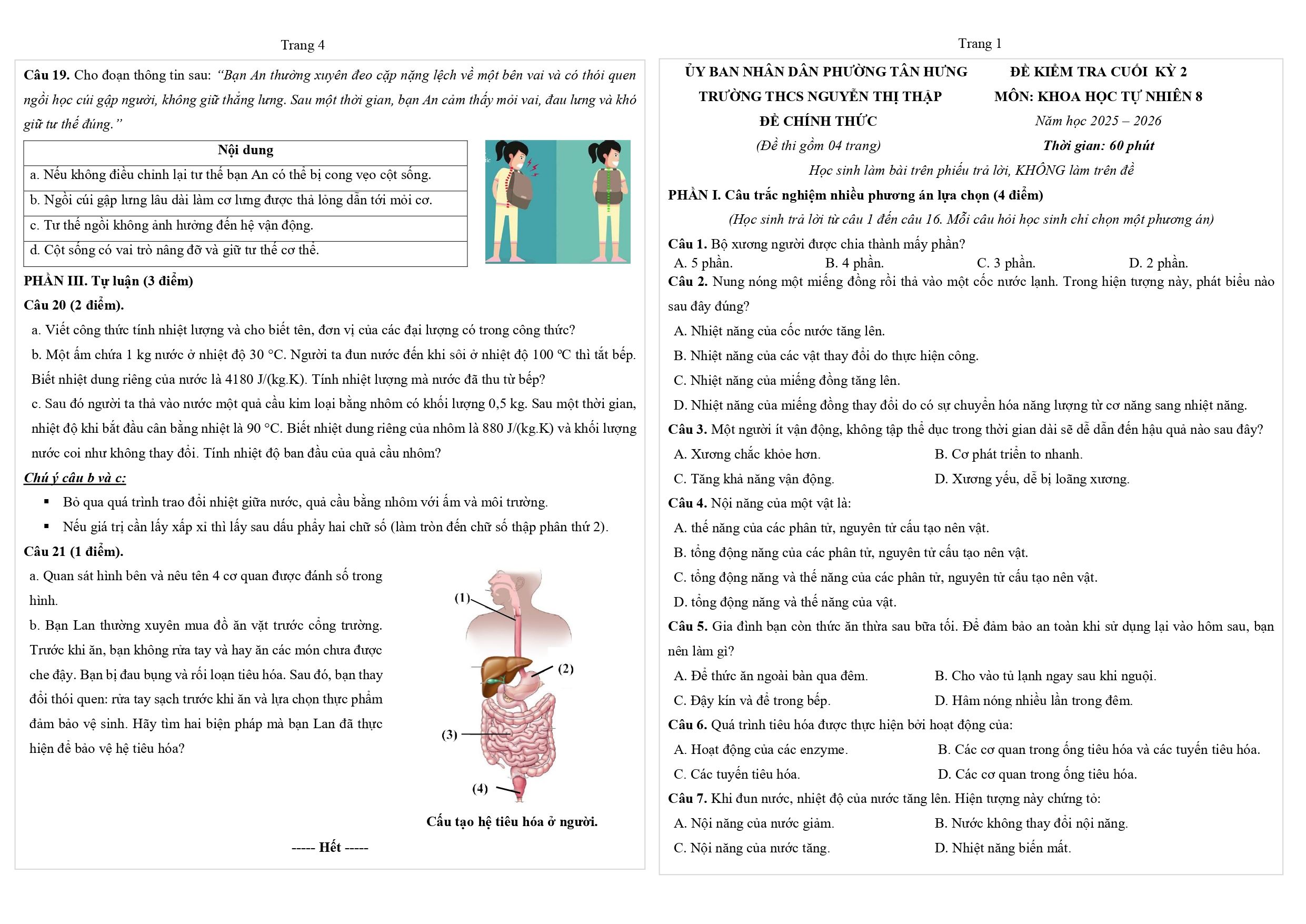 Đề thi Học kì 2 KHTN 8 năm 2025 - 2026 trường THCS Nguyễn Thị Thập (TP Hồ Chí Minh)