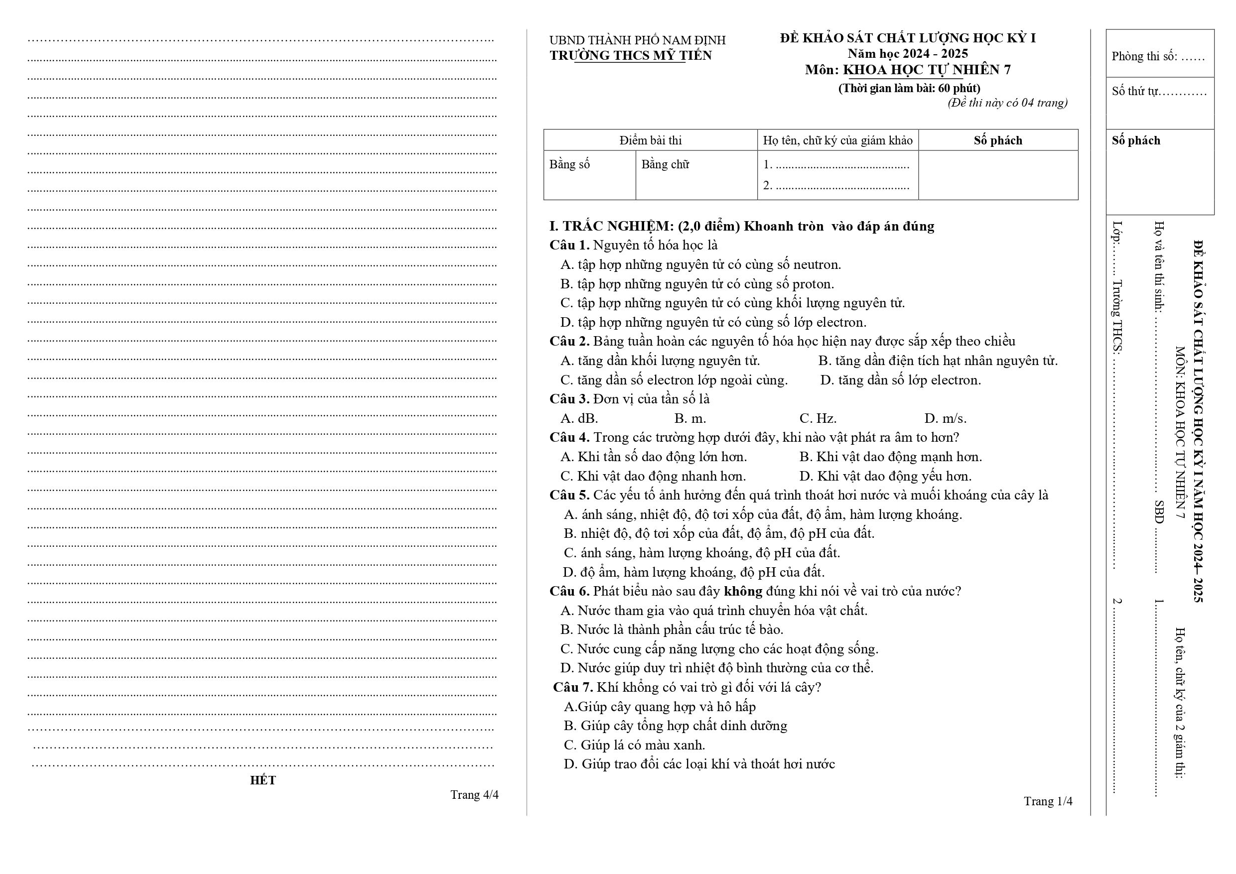 Đề thi Học kì 1 KHTN 7 năm 2024 - 2025 trường THCS Mỹ Tiến (Nam Định)