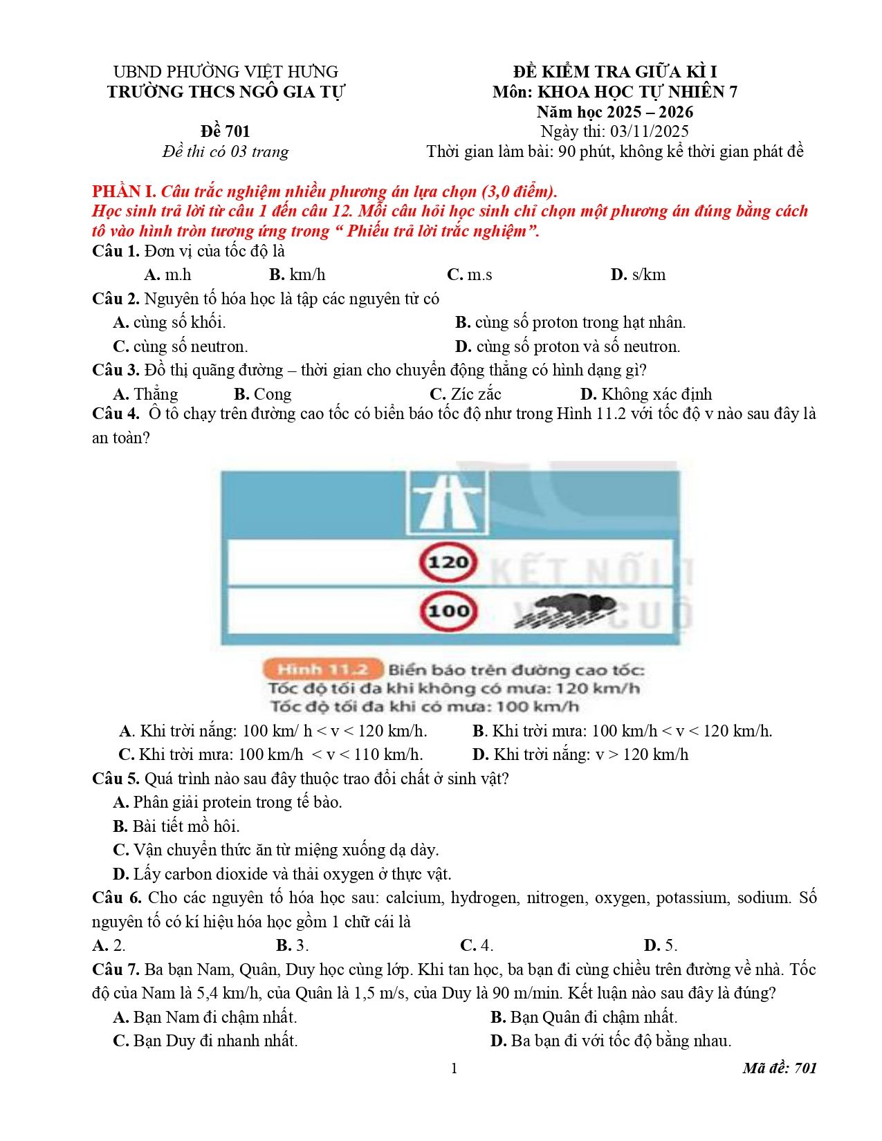 Đề thi Giữa kì 1 KHTN 7 năm 2025 - 2026 trường THCS Ngô Gia Tự (Hà Nội)