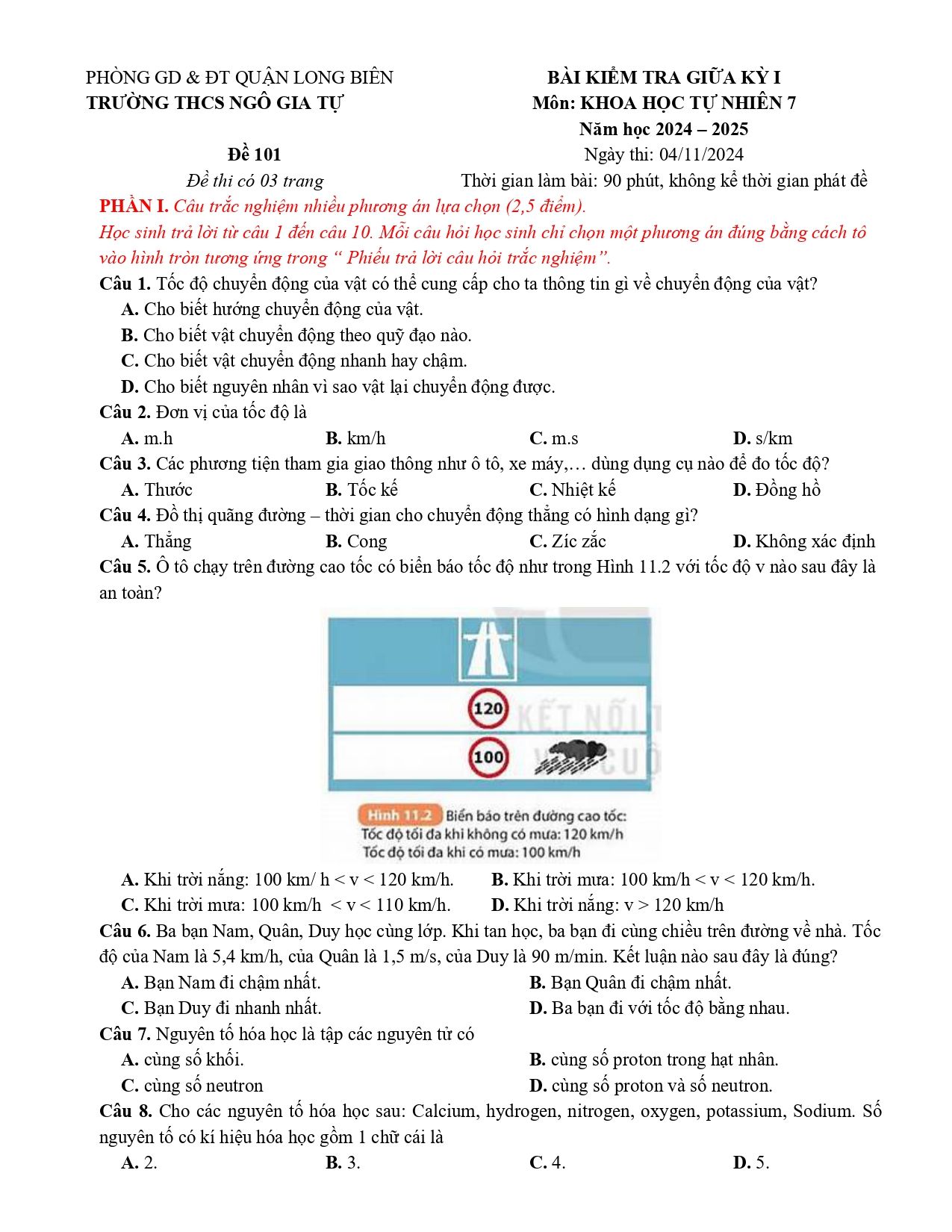 Đề thi Giữa kì 1 KHTN 7 năm 2024 - 2025 trường THCS Ngô Gia Tự (Hà Nội)