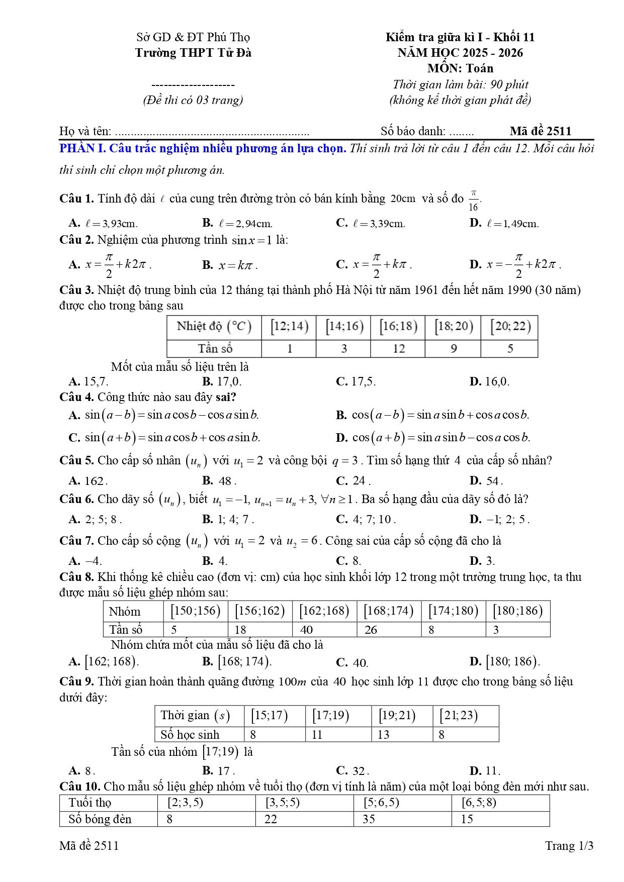 Đề thi Giữa kì 1 Toán 11 năm 2025 - 2026 trường THPT Tử Đà (Phú Thọ)